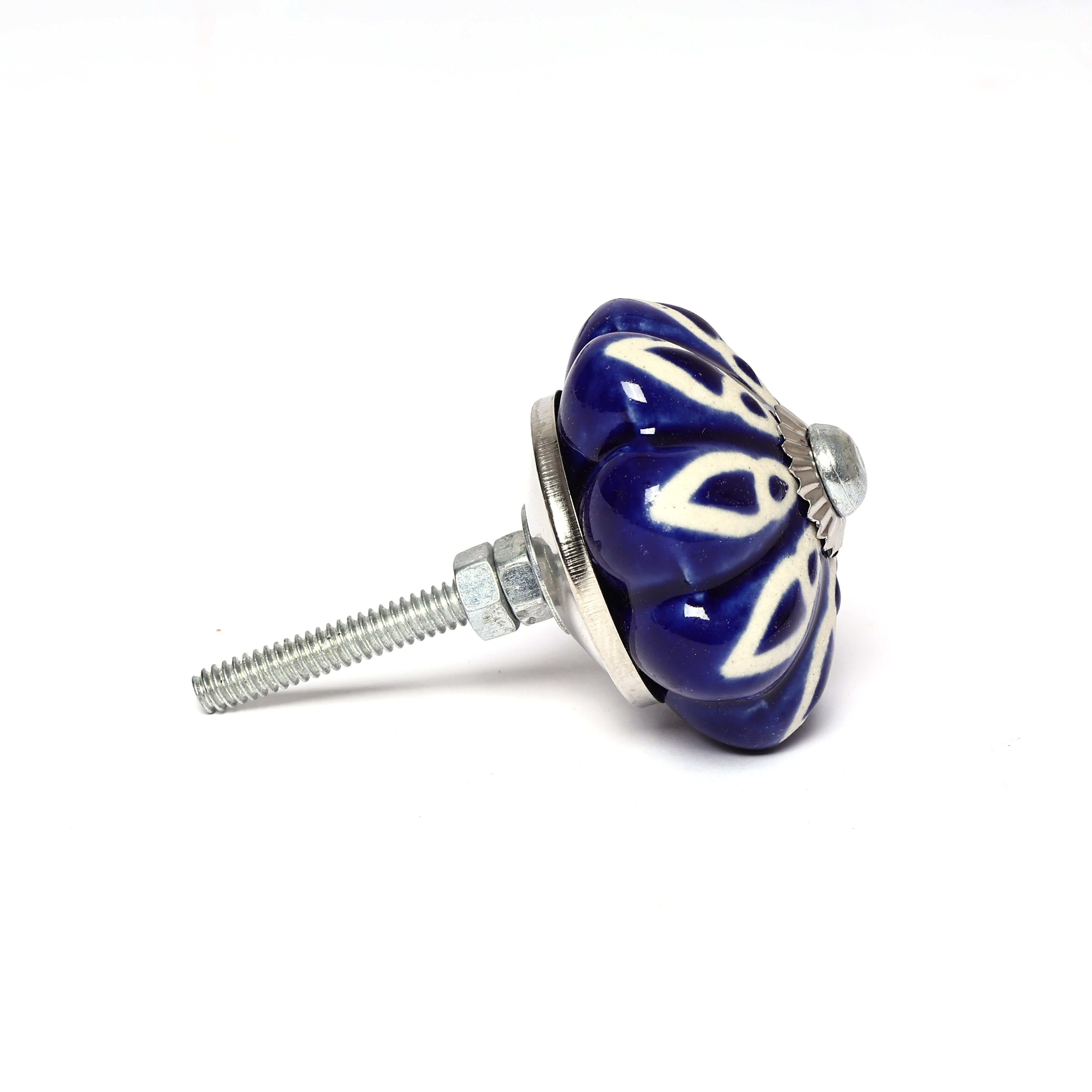 Handcrafted and Hand painted Blue Ceramic Knobs—Melon Shaped—Set of 6—Floral Pattern