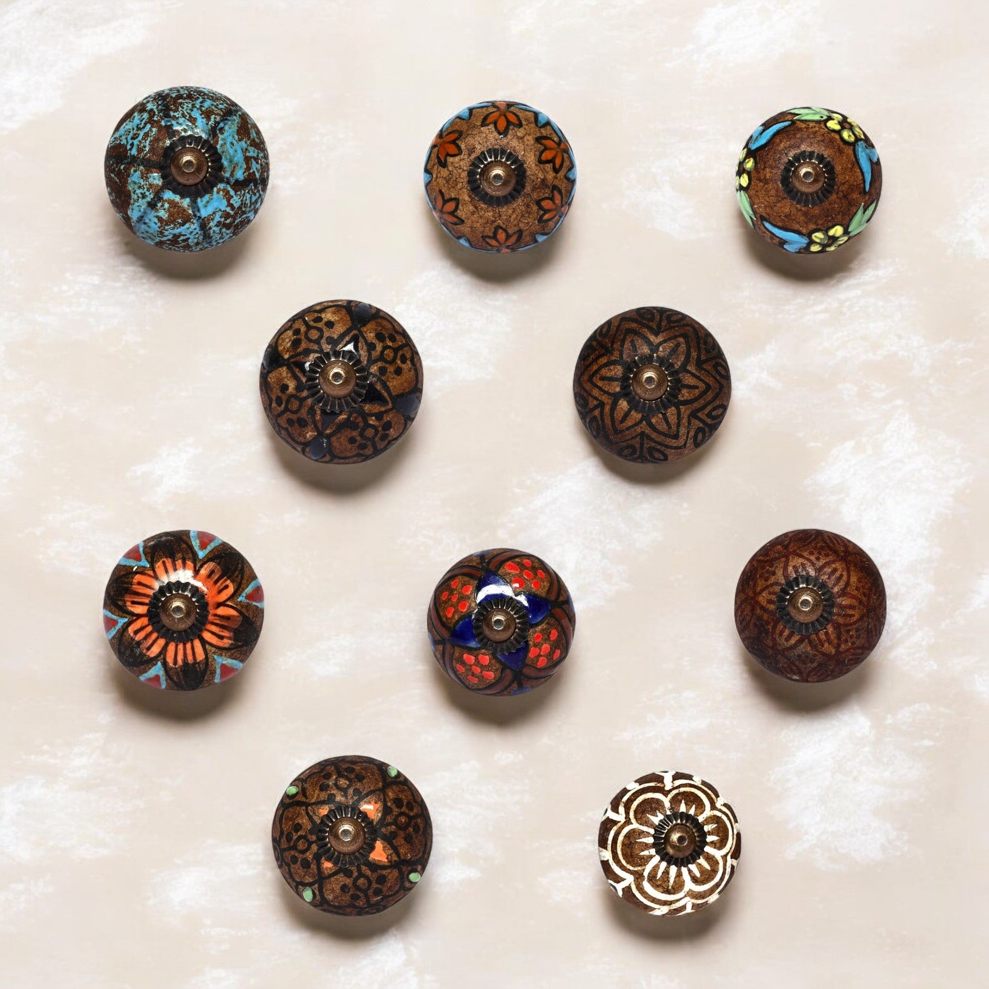 Handcrafted and Hand painted Ceramic Knobs—Round Shaped—Set of 12—Abstract Design