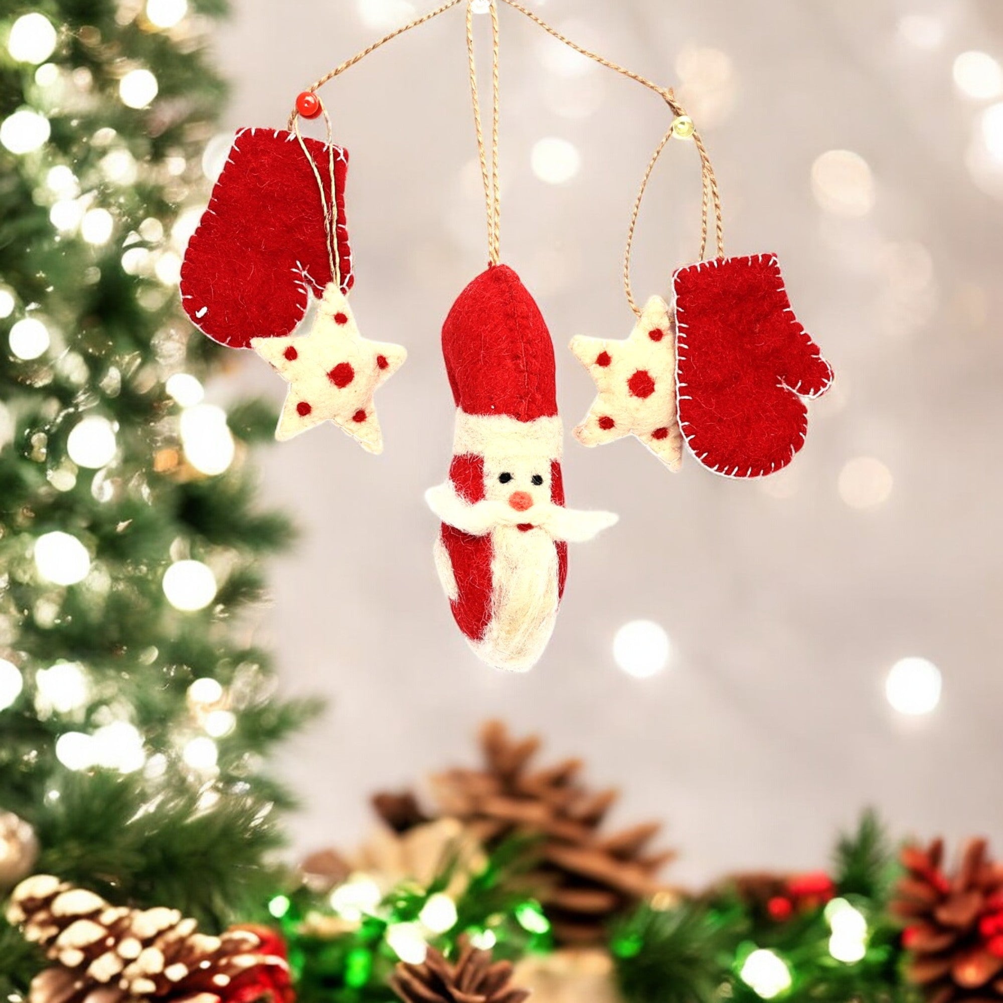 Handmade Needled Felt Work Miniature Christmas Décor Hanging Set—Red and White