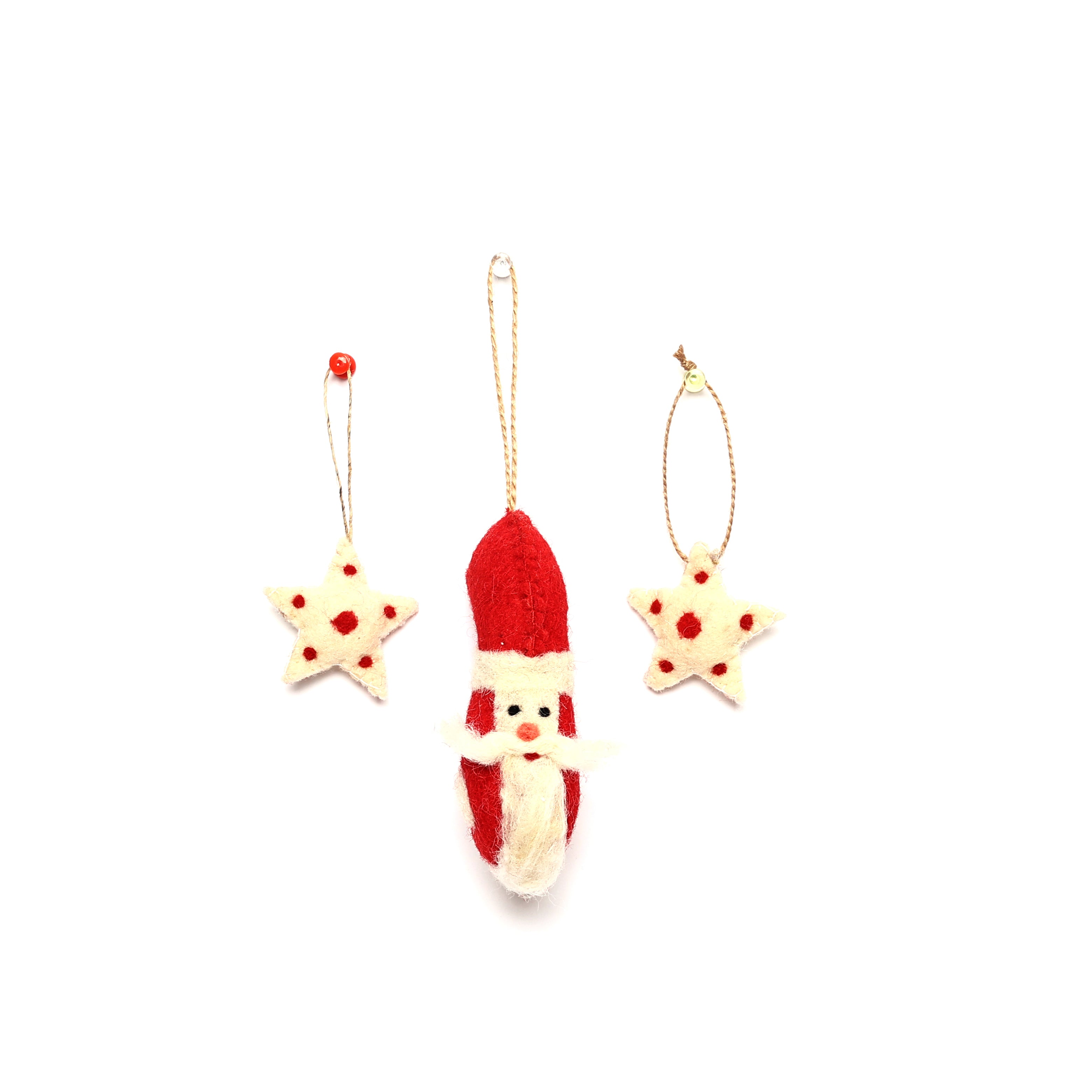 Handmade Needled Felt Work Miniature Christmas Décor Hanging Set—Red and White