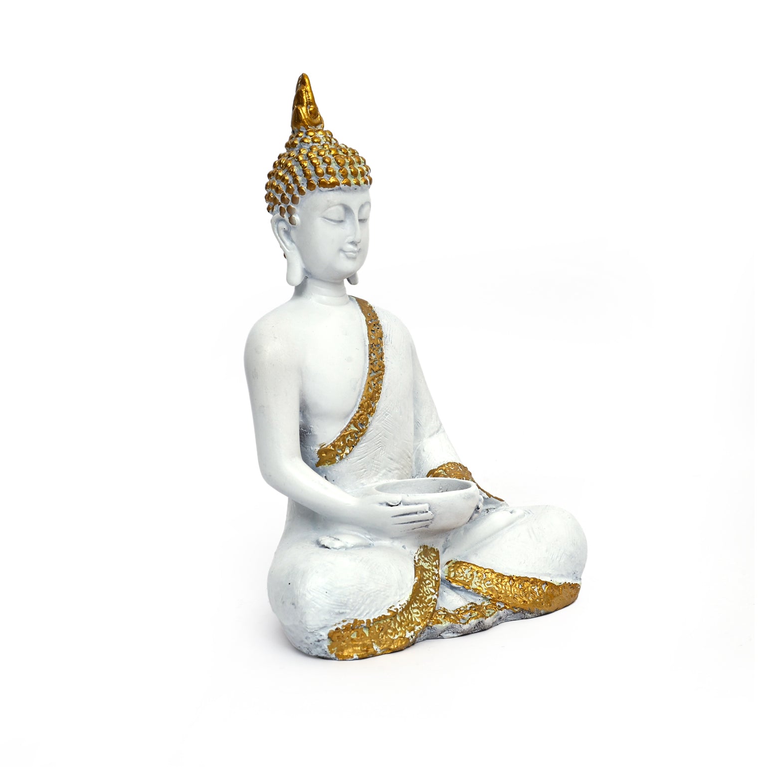 White Matte Buddha Statue with Alms Bowl - Spiritual Home Décor