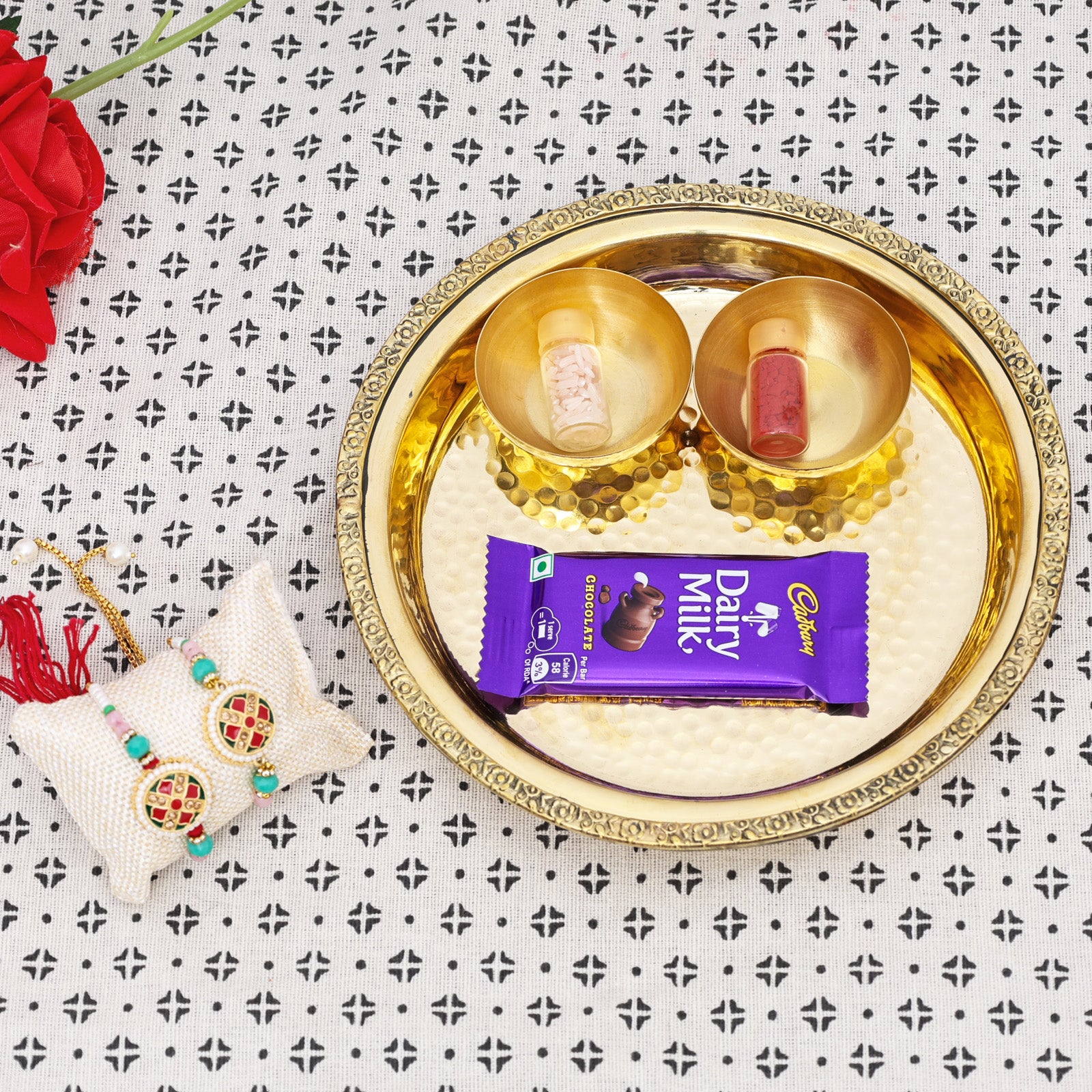 Brass Thali with Katori Set– Rakhi for Bhai-Bhabhi (Multicolor - Pair)