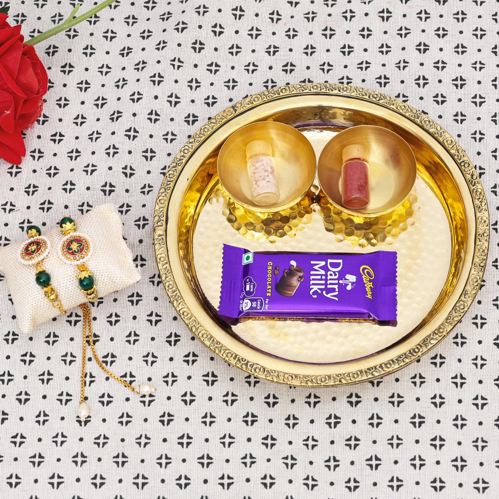 Brass Thali with Katori Set– Rakhi for Bhai-Bhabhi (Green - Pair)