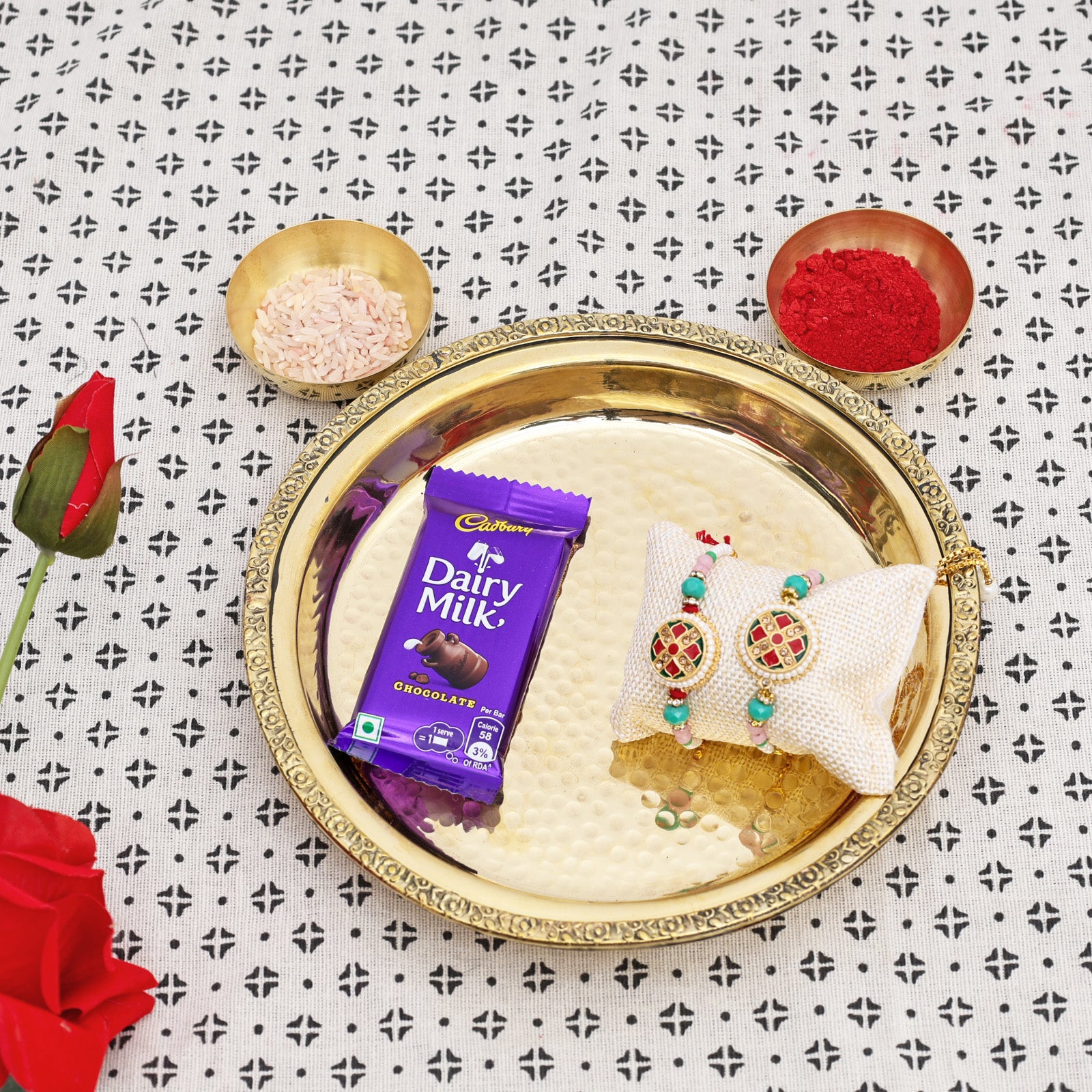 Brass Thali with Katori Set– Rakhi for Bhai-Bhabhi (Multicolor - Pair)