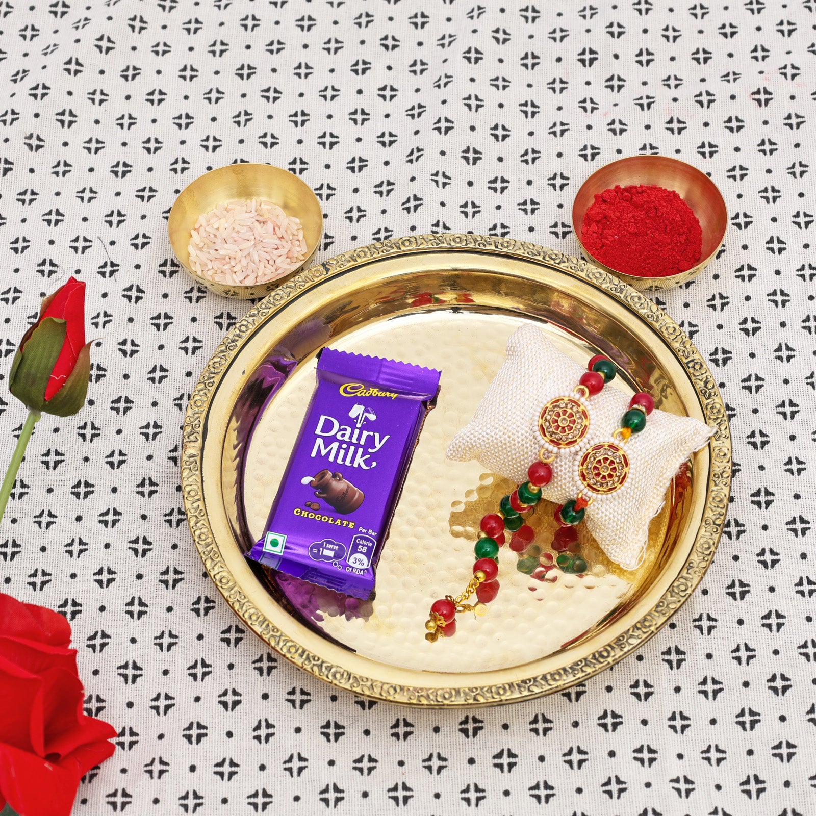 Brass Thali with Katori Set– Rakhi for Bhai-Bhabhi (Red - Pair)