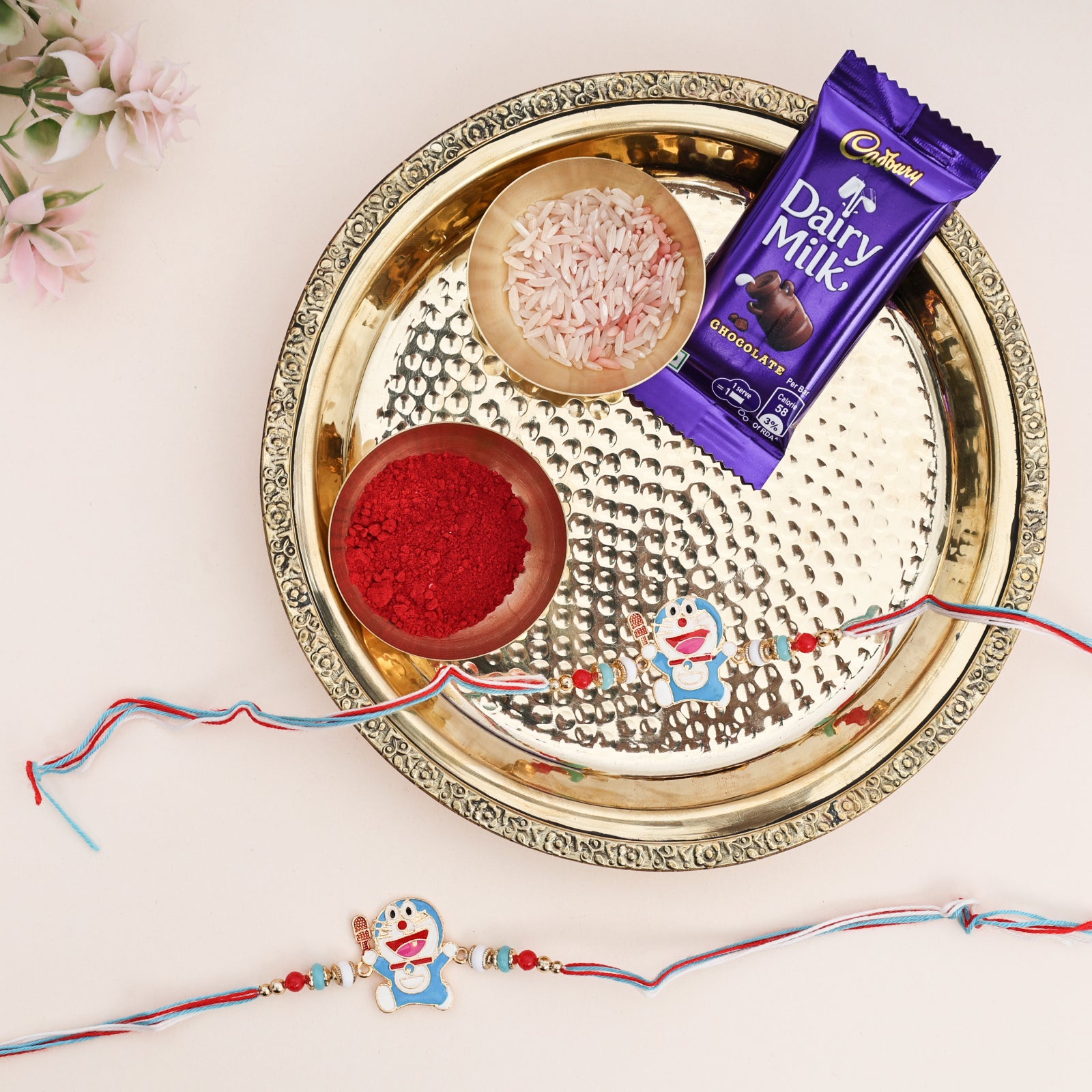 Brass Thali with Katori Set – Rakhi for Kids (Doremon - Pair)