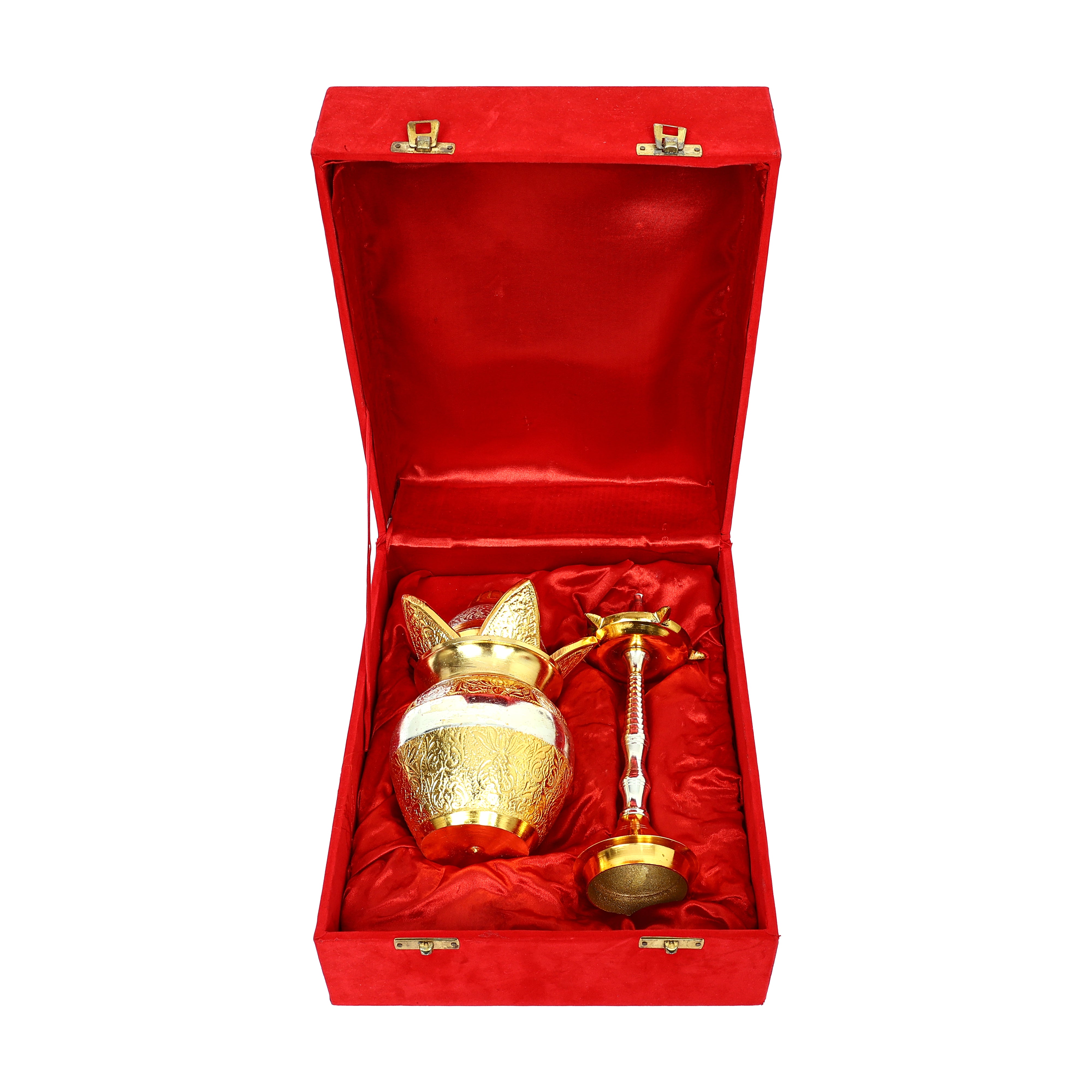 Traditional Brass Kalash & Diya Set with Red Velvet Box