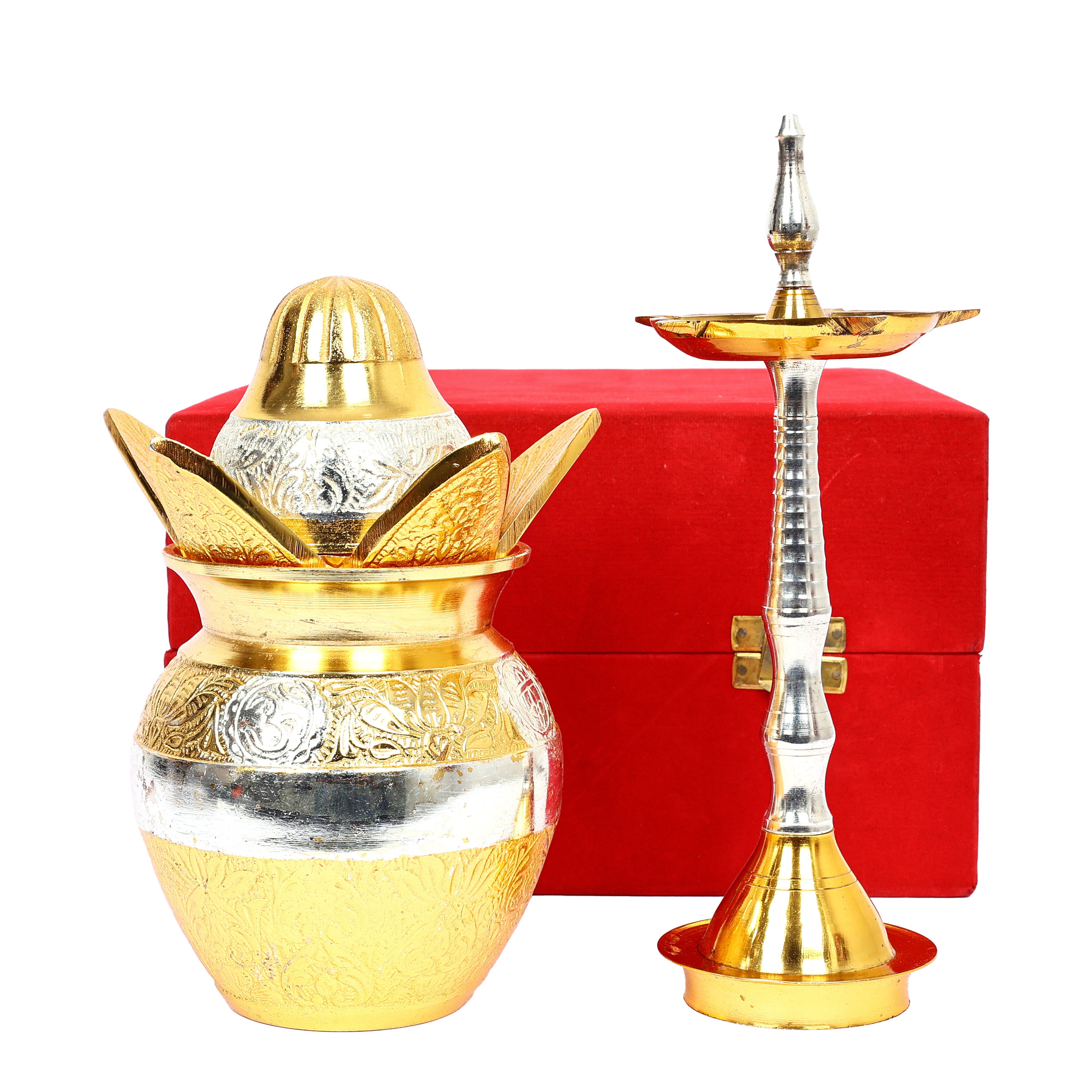 Traditional Brass Kalash & Diya Set with Red Velvet Box