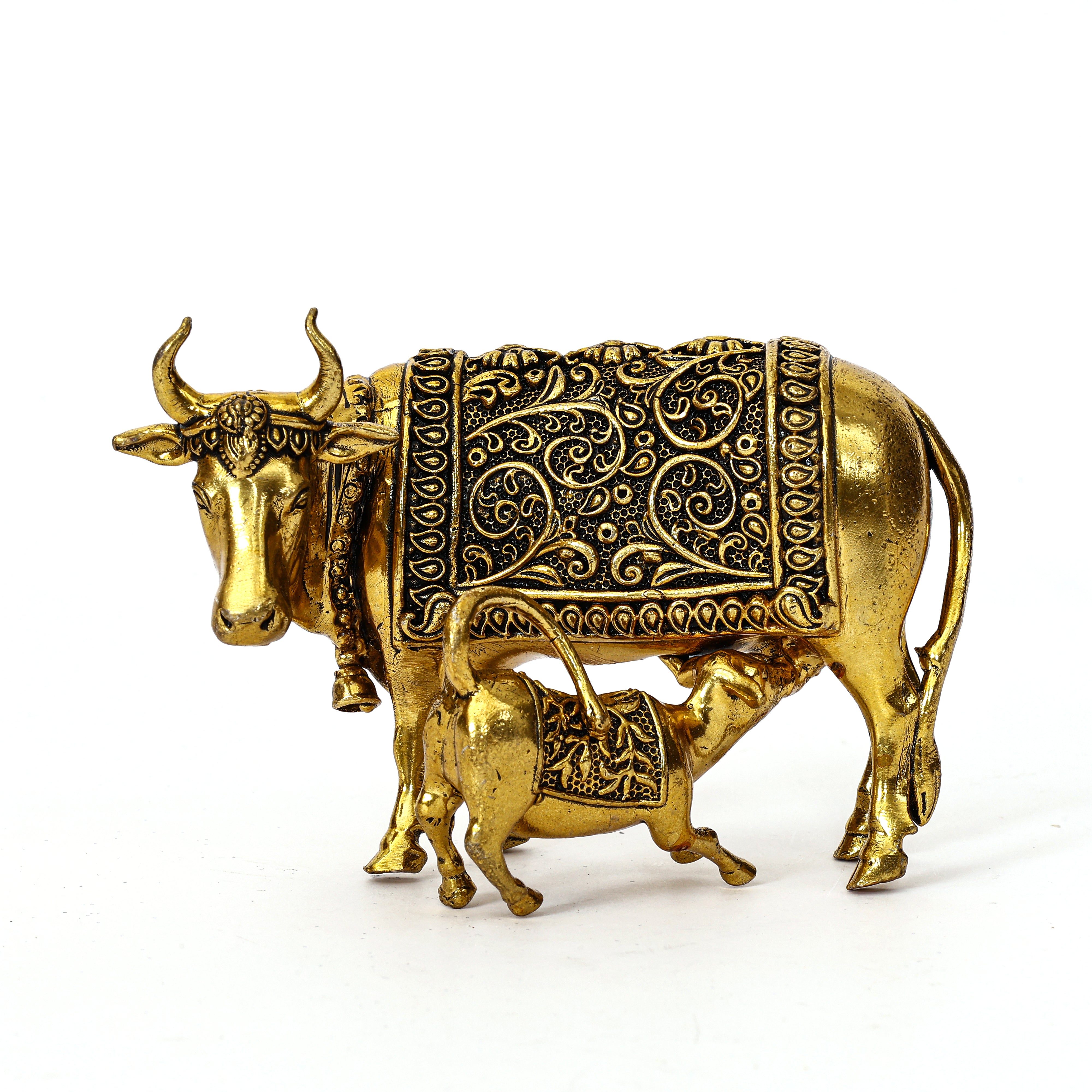 Handcrafted Brass Kamdhenu Cow and Calf Figurine Spiritual Decor