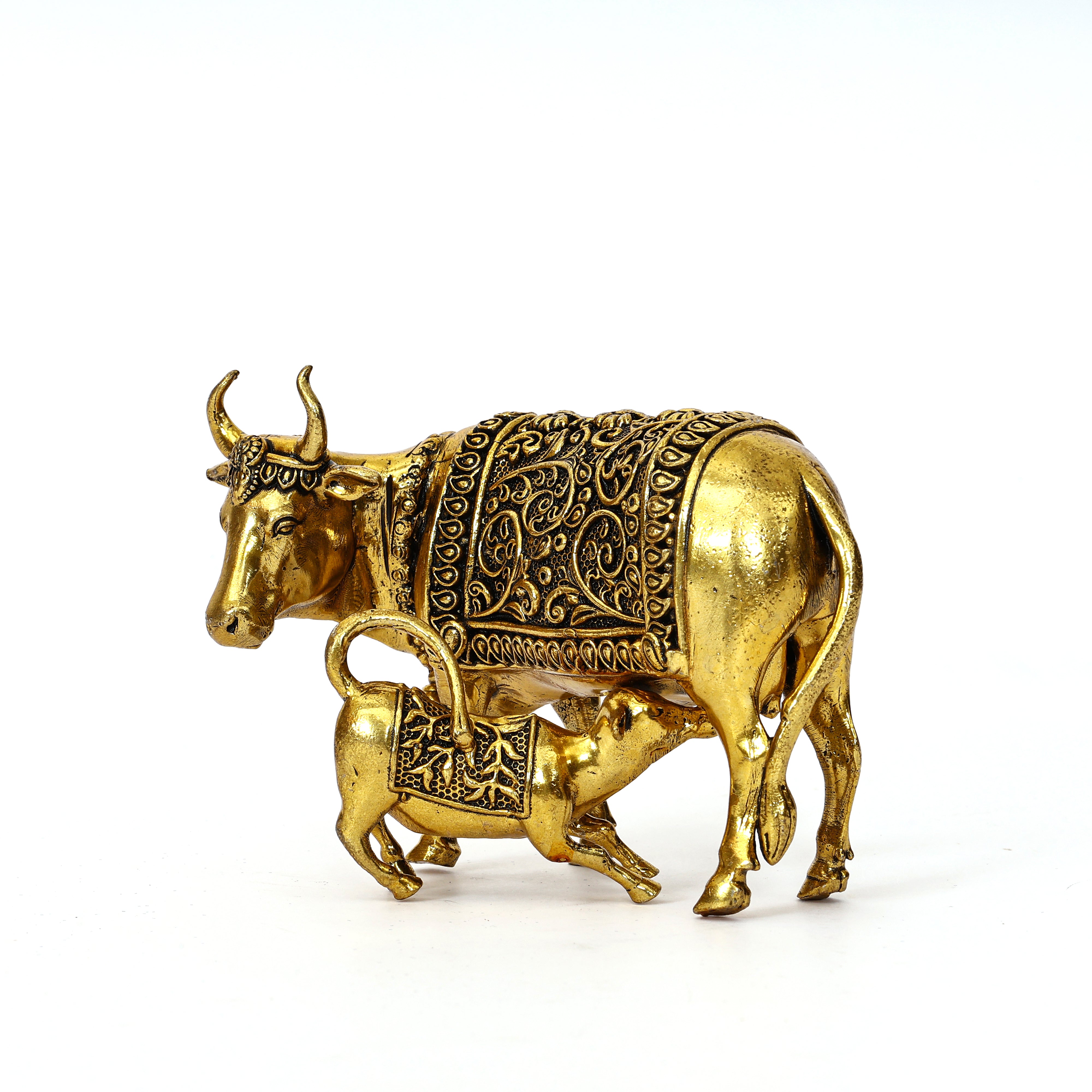 Handcrafted Brass Kamdhenu Cow and Calf Figurine Spiritual Decor