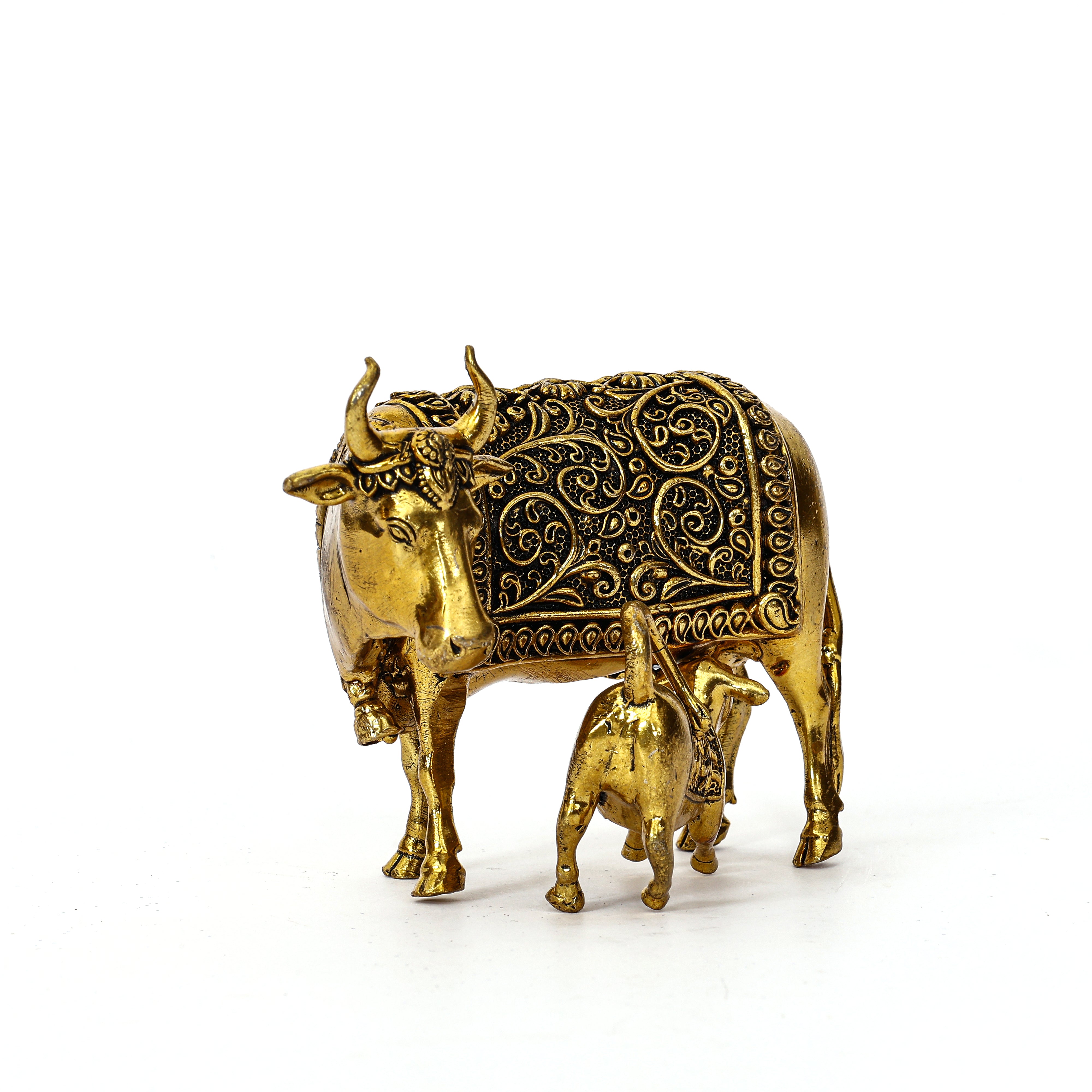 Handcrafted Brass Kamdhenu Cow and Calf Figurine Spiritual Decor