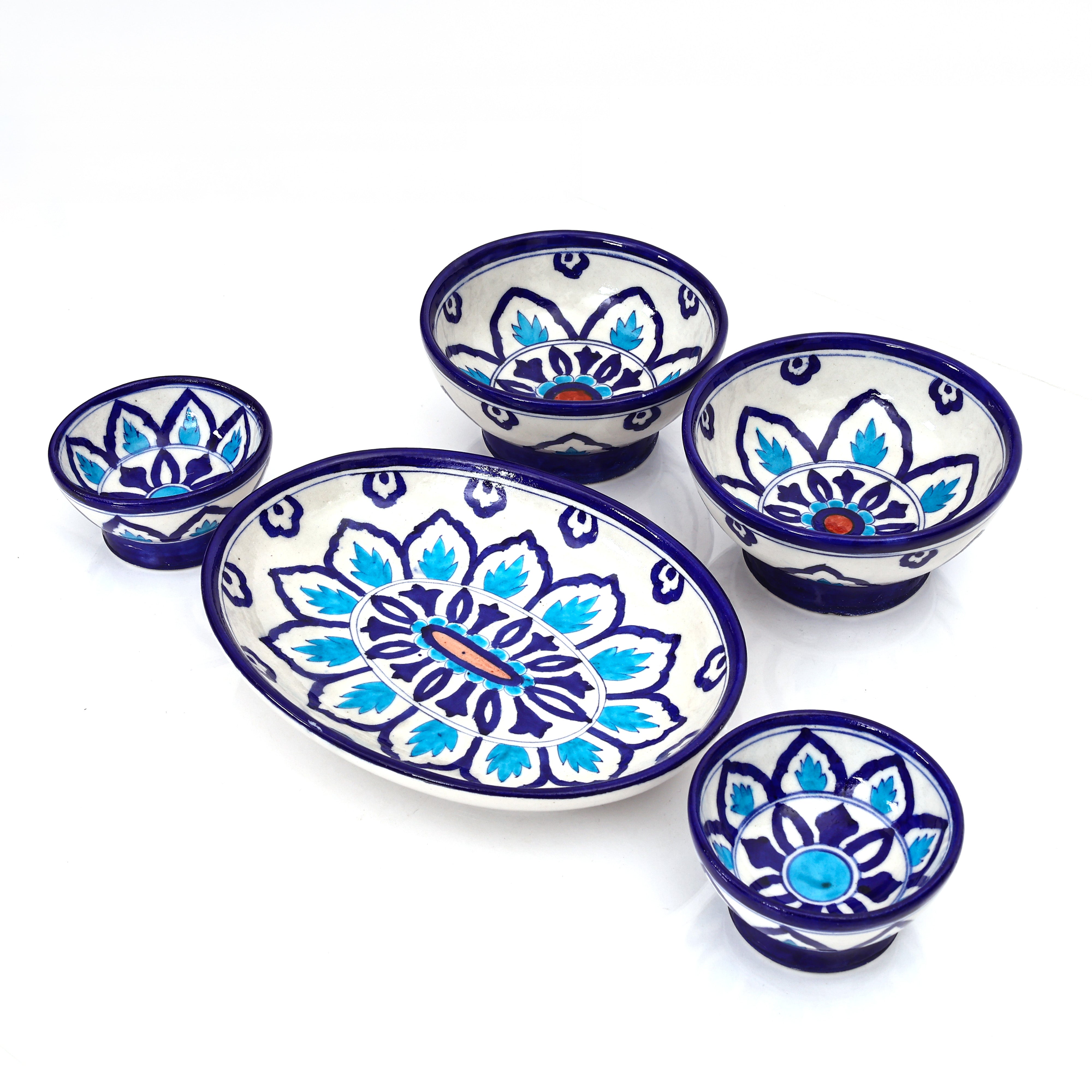 Handcrafted Jaipur Blue Pottery Serving Set – Floral patterns  (5-Piece Set)