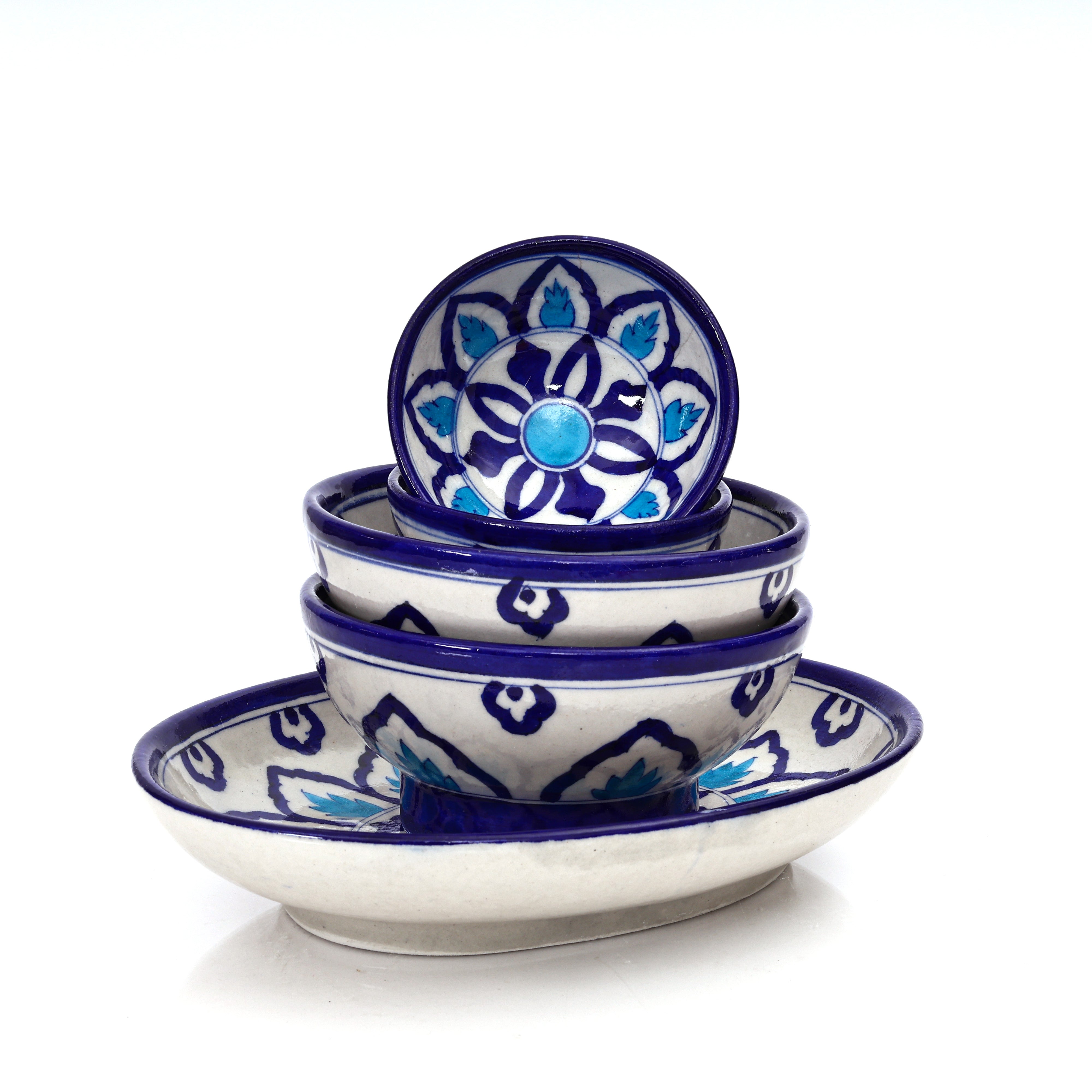 Handcrafted Jaipur Blue Pottery Serving Set – Floral patterns  (5-Piece Set)
