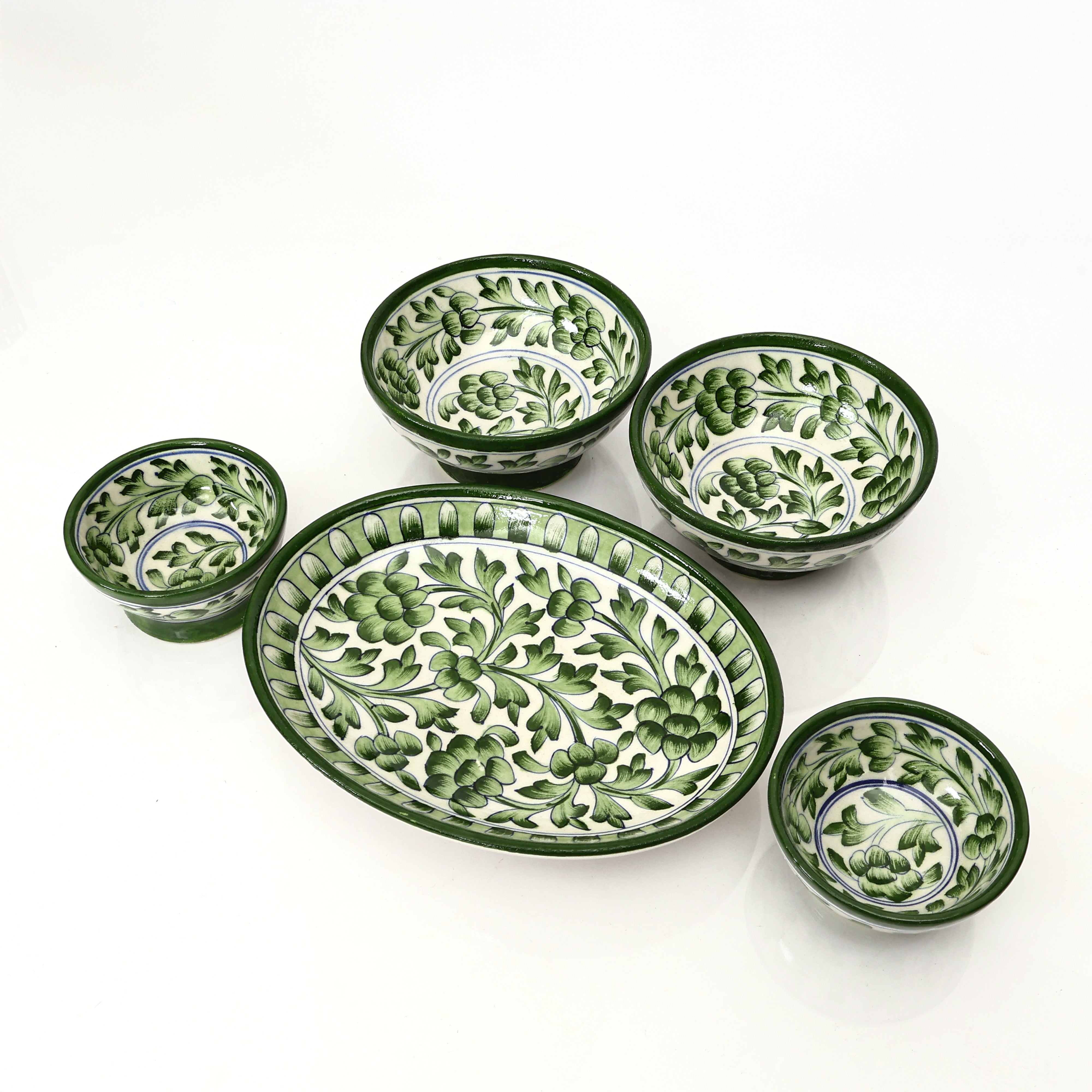 Blue pottery Green Floral Serving Set – Oval Platter & Bowls for Elegant Dining
