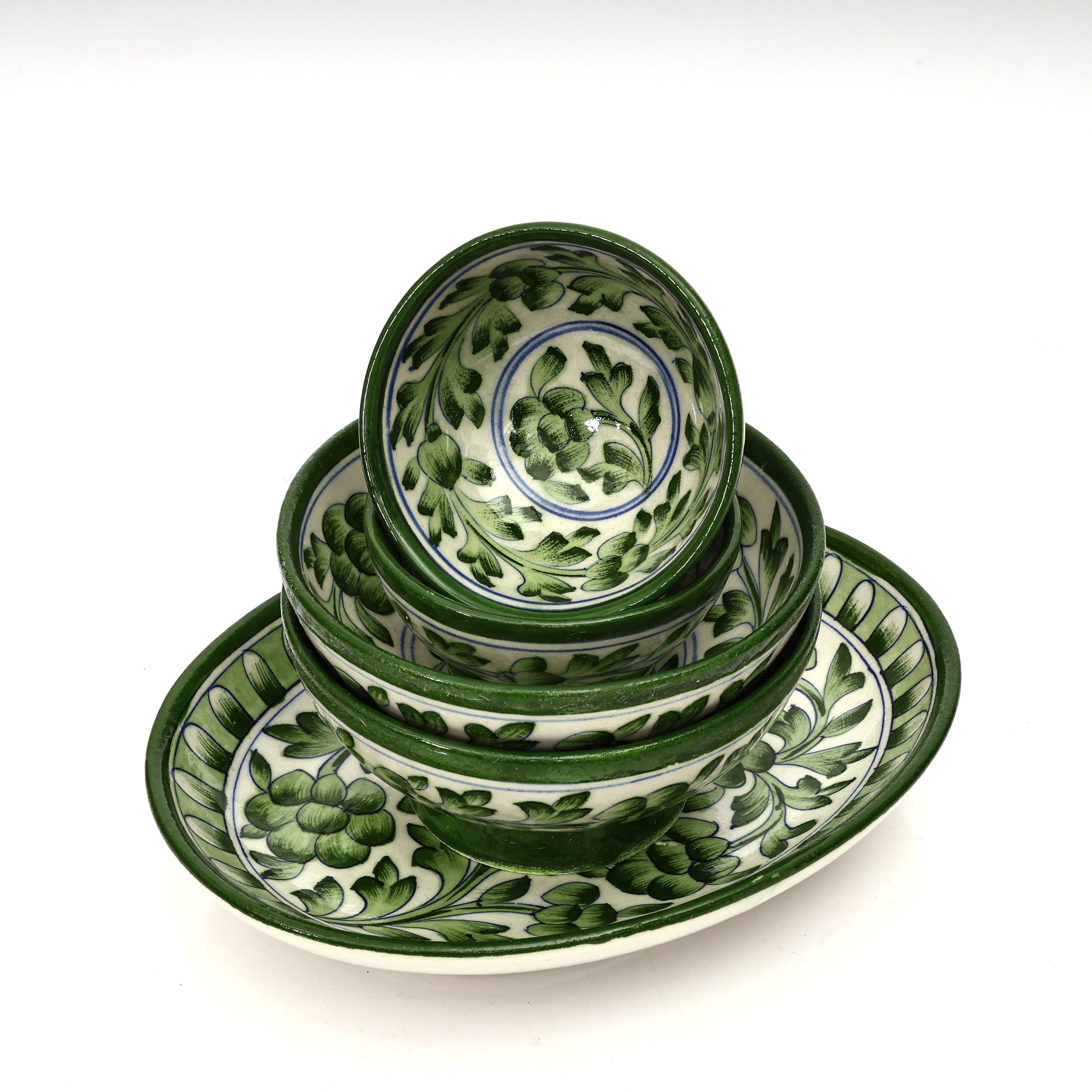 Blue pottery Green Floral Serving Set – Oval Platter & Bowls for Elegant Dining