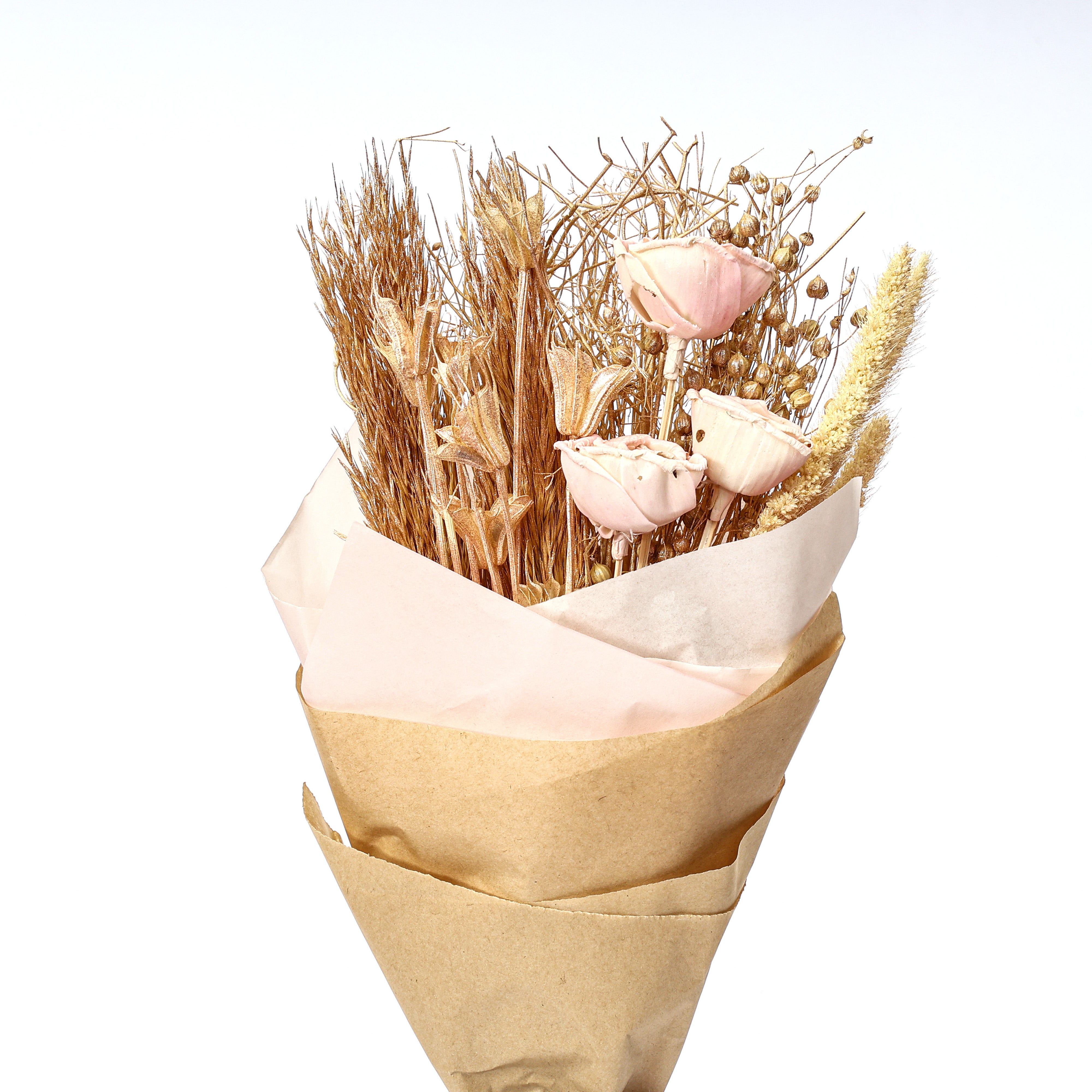 Handmade Dried Flower Bouquet with Pink Shola Flowers – Rustic Kraft Paper Wrap for Sustainable Home Decor & Thoughtful Gifting