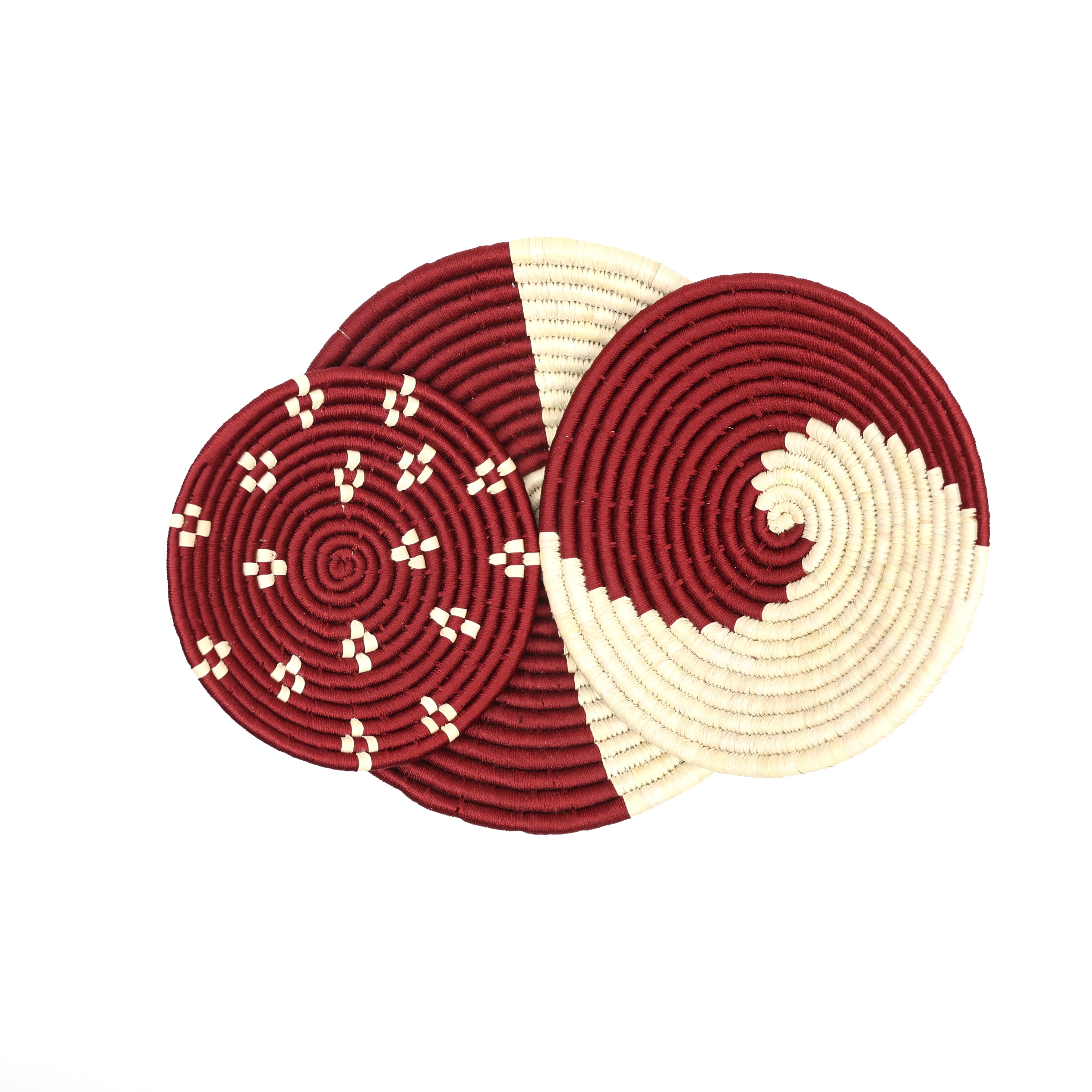 Handcrafted Sabai Grass Wall Décor Plates – Set of 3 (Maroon & Beige)