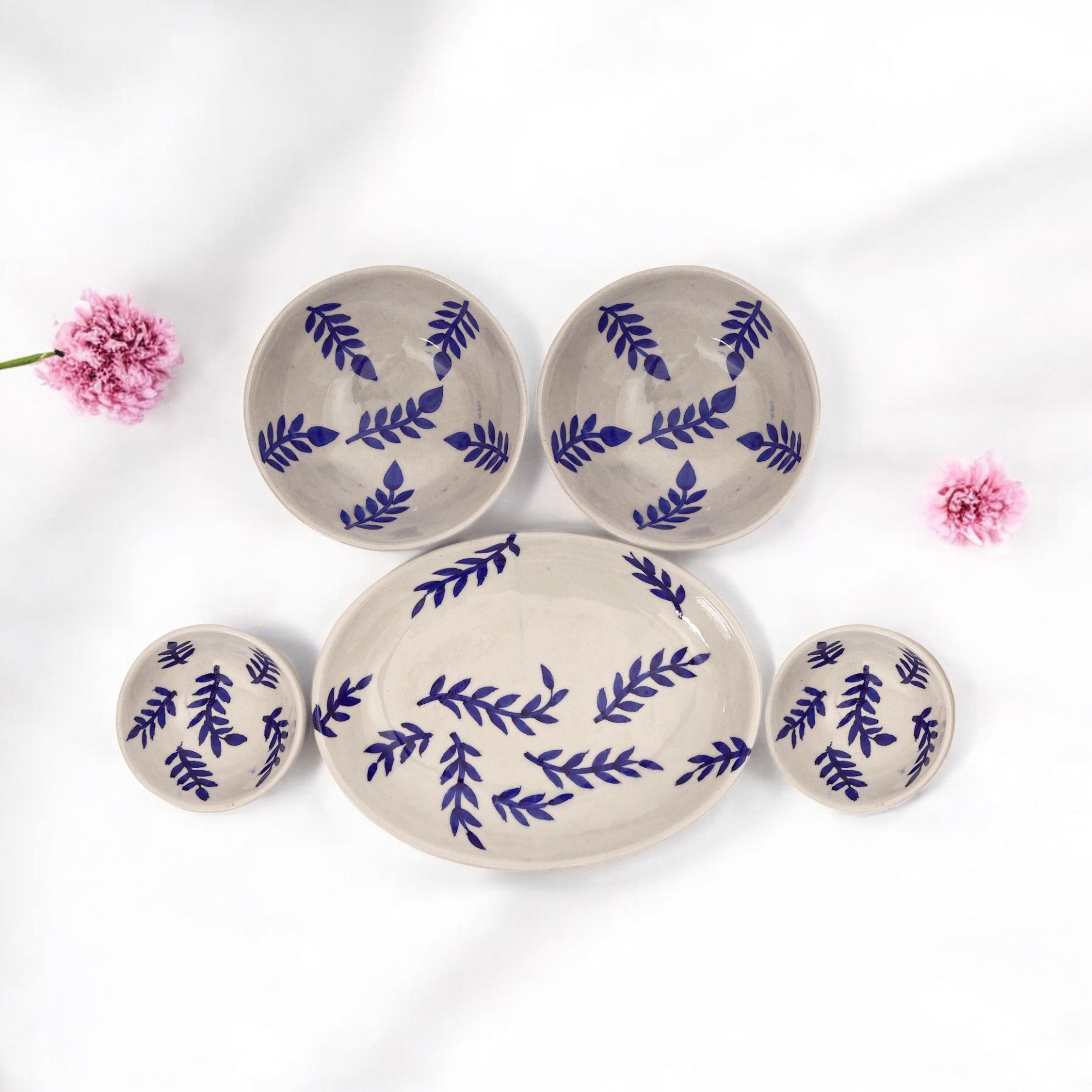 Indigo Leaf Motif Serving Set – Jaipur Blue Pottery Elegance for Everyday Charm