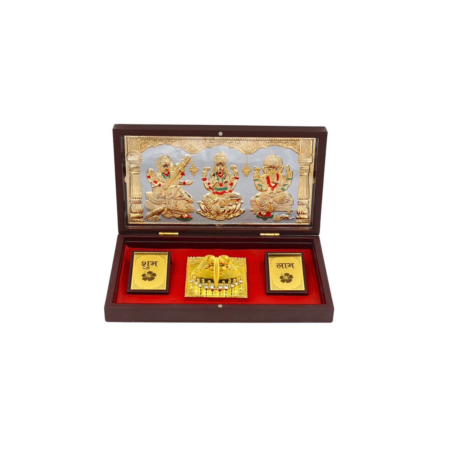 Lakshmi, Ganesh, and Saraswati Frame with Charan Paduka Set