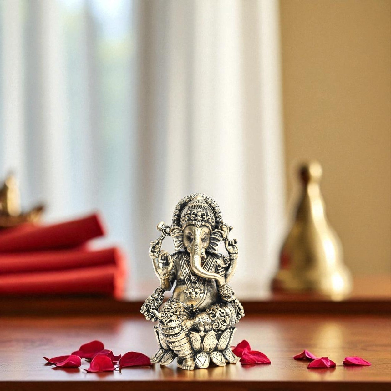 Large-sized Brass Ganesha idol on Lotus Pedestal 