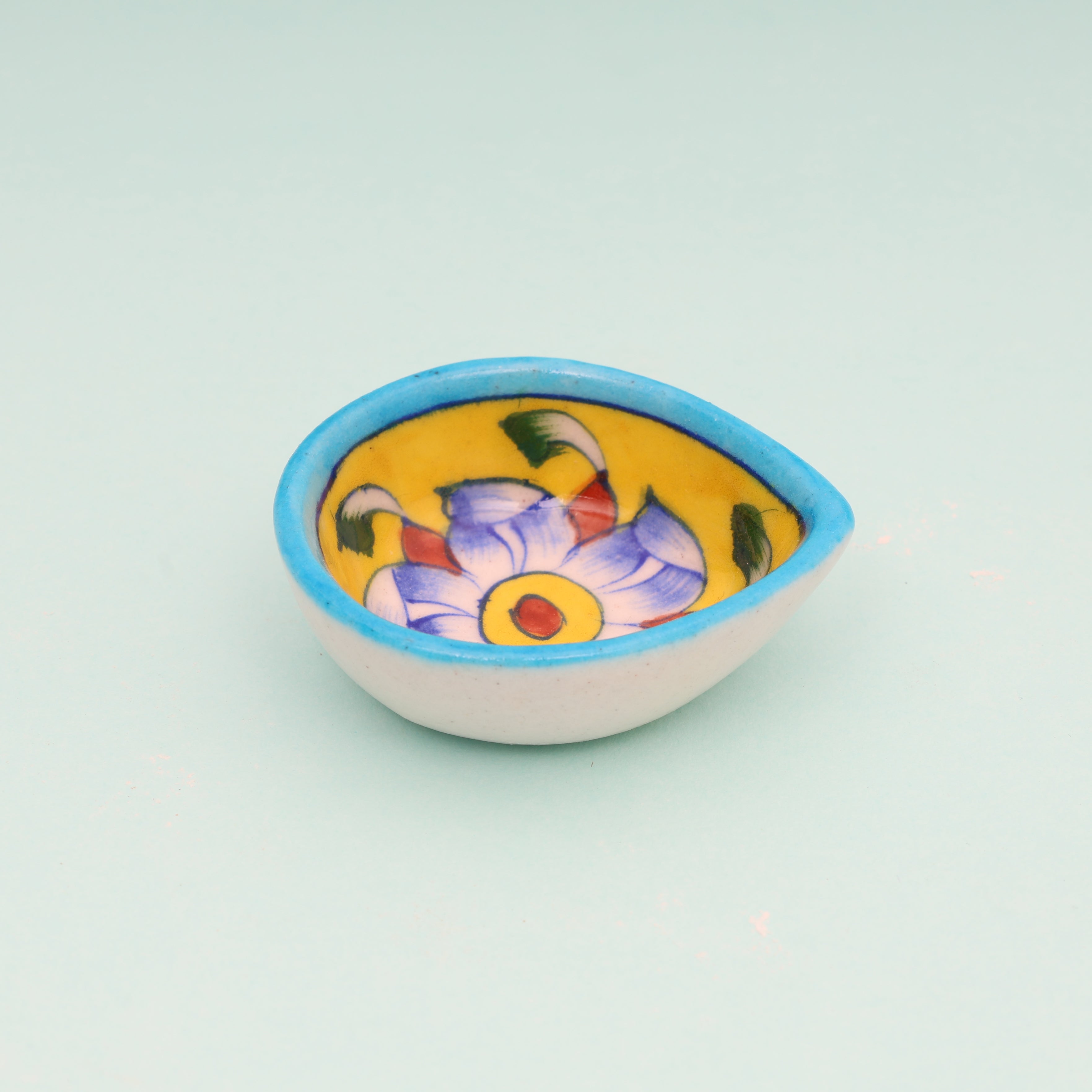 Leaf-Shaped Handcrafted Yellow & Turquoise Blue Pottery Diyas Set