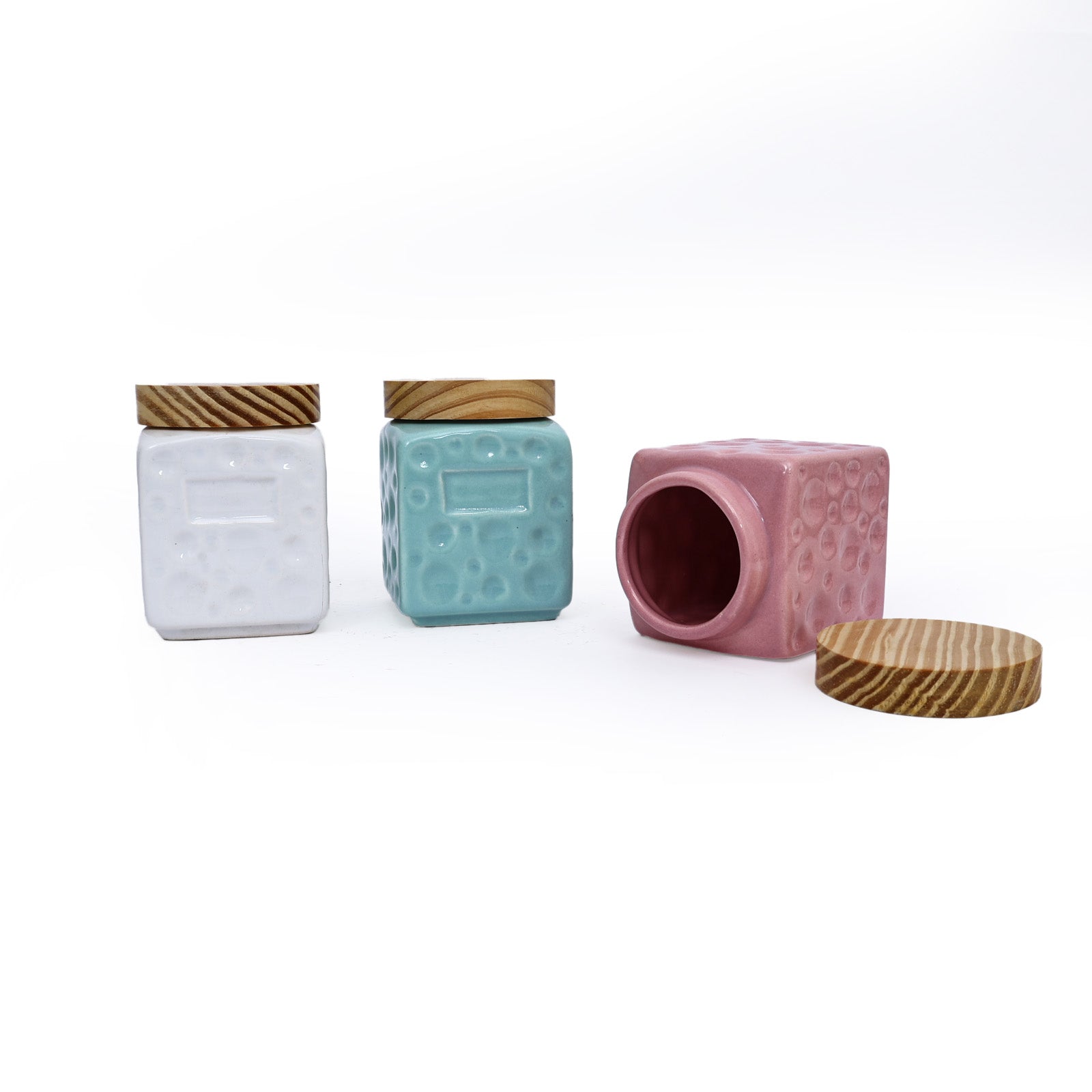 Mini Ceramic Jar with wooden Lid (Set of 3)