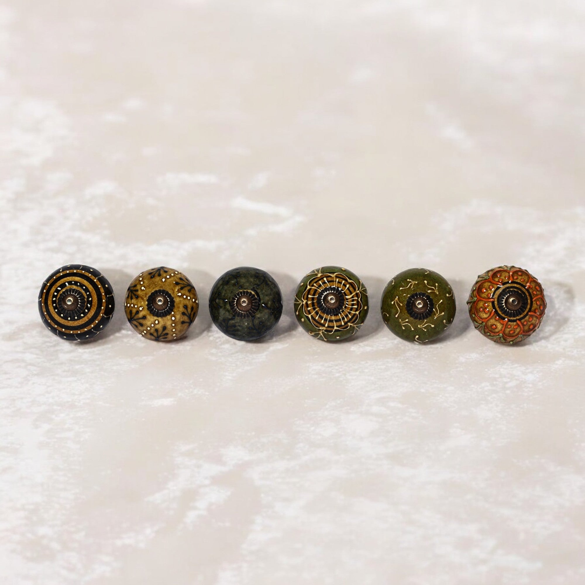 Multicoloured Handcrafted and Hand painted Ceramic Knobs—Round Shaped—Set of 6—Abstract Pattern