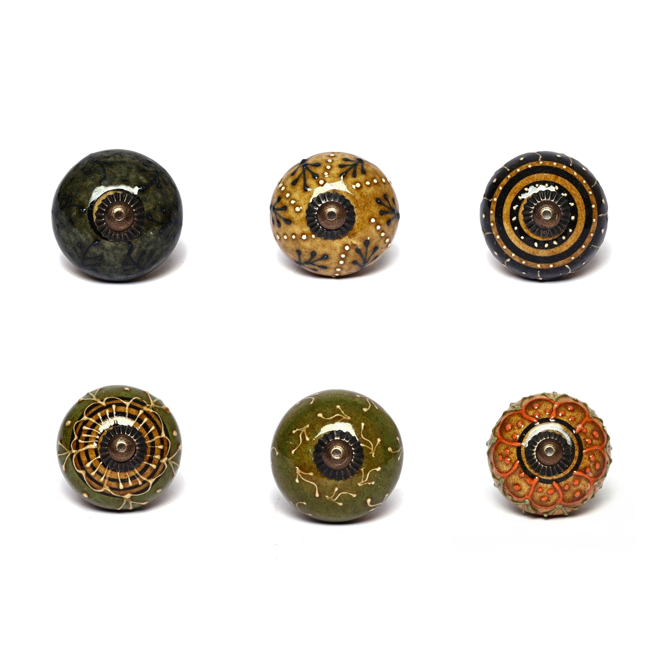 Multicoloured Handcrafted and Hand painted Ceramic Knobs—Round Shaped—Set of 6—Abstract Pattern