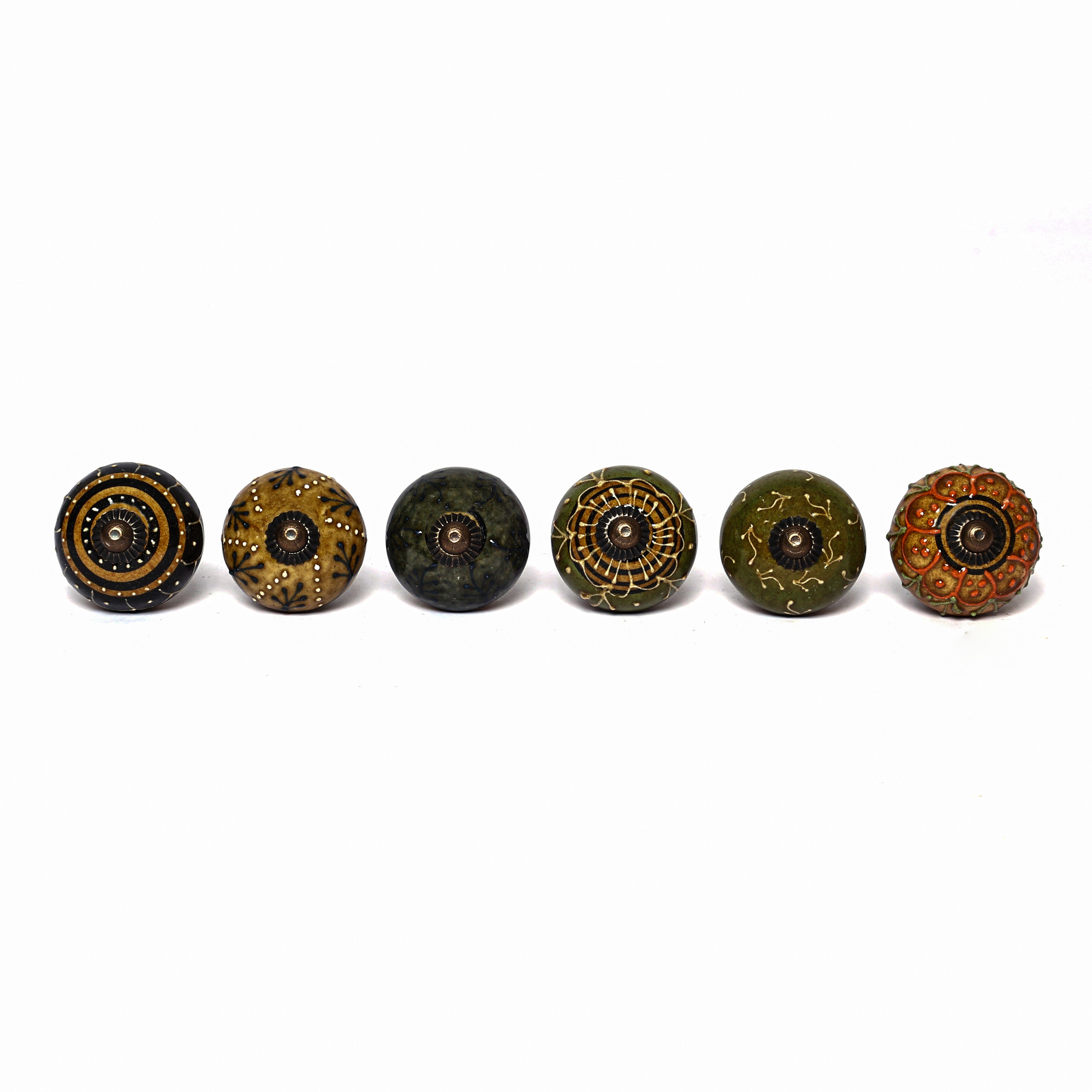 Multicoloured Handcrafted and Hand painted Ceramic Knobs—Round Shaped—Set of 6—Abstract Pattern