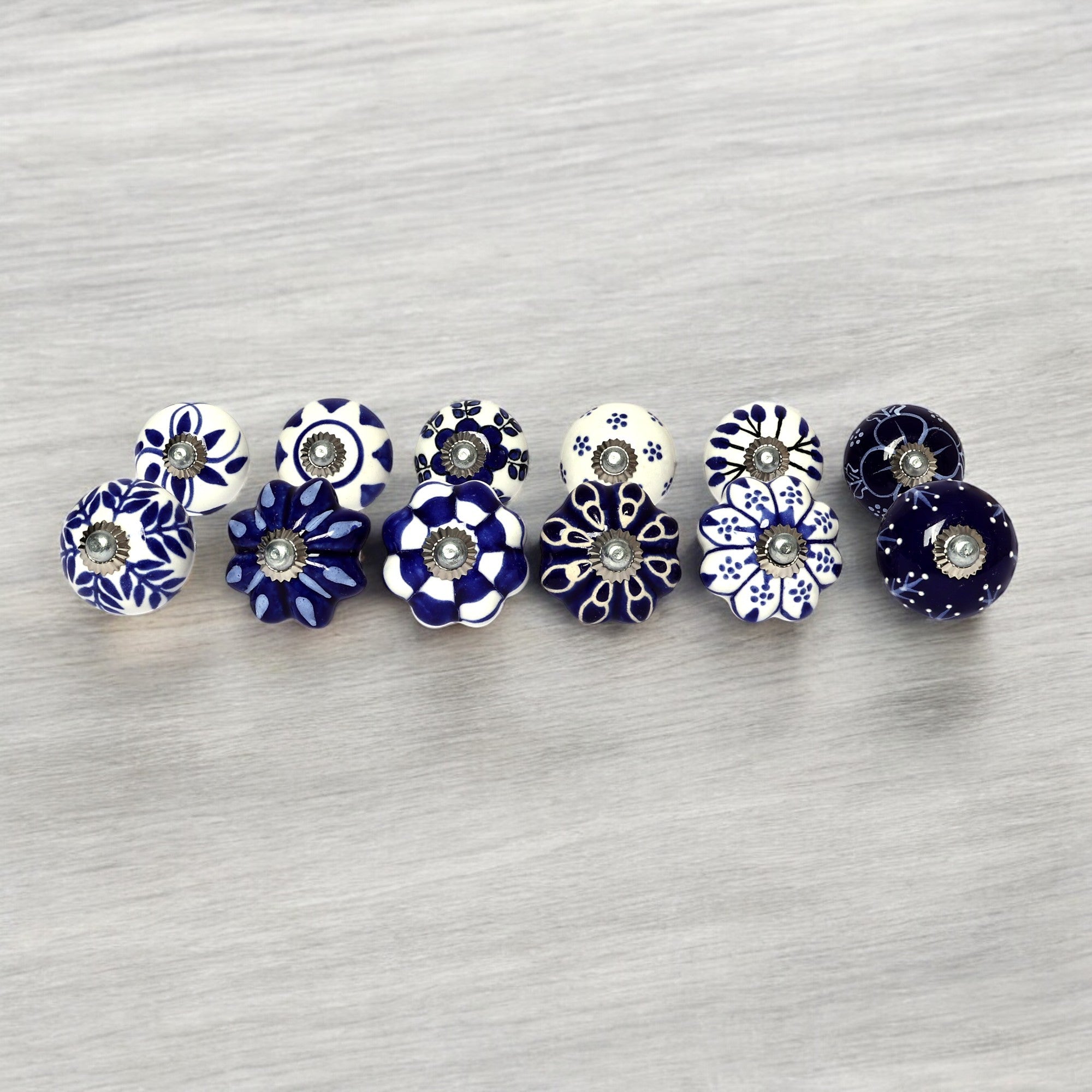 Multicoloured Handcrafted and Hand painted Ceramic Knobs—Round and Melon Shaped—Set of 12—Abstract Design