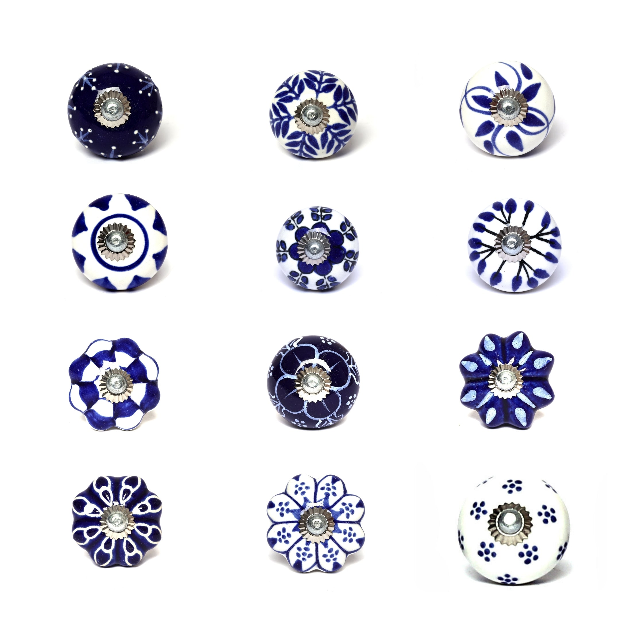 Multicoloured Handcrafted and Hand painted Ceramic Knobs—Round and Melon Shaped—Set of 12—Abstract Design