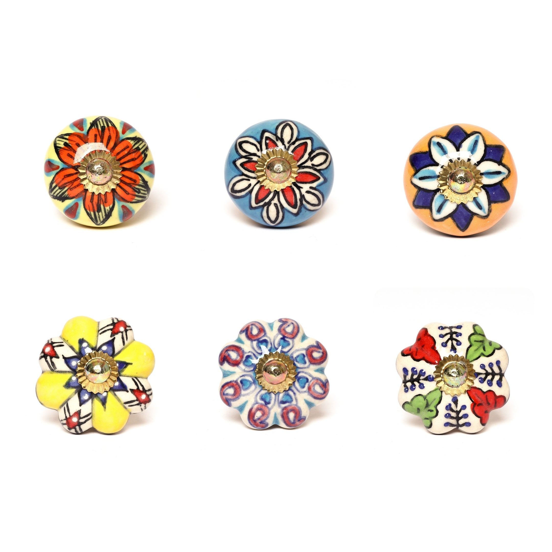 Multicoloured Handcrafted and Hand painted Ceramic Knobs—Round and Melon Shaped—Set of 6—Abstract Pattern