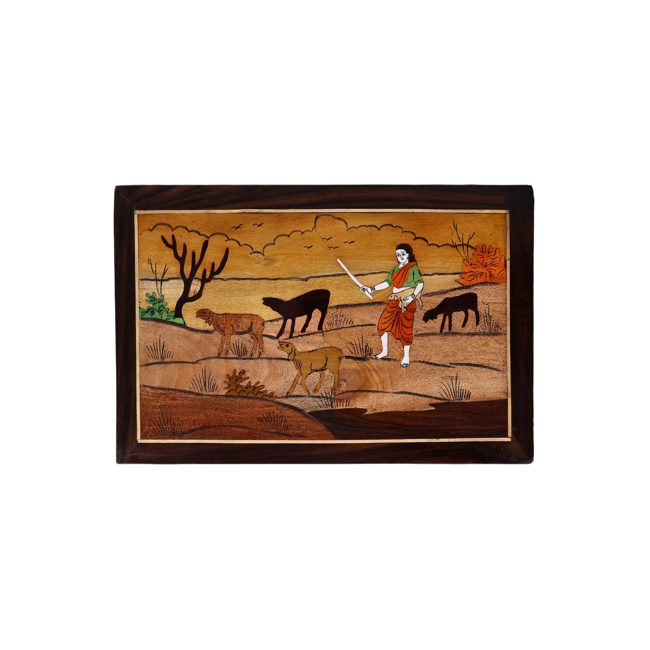 Mysore Inlay Rosewood Painting of a Lady with Goats