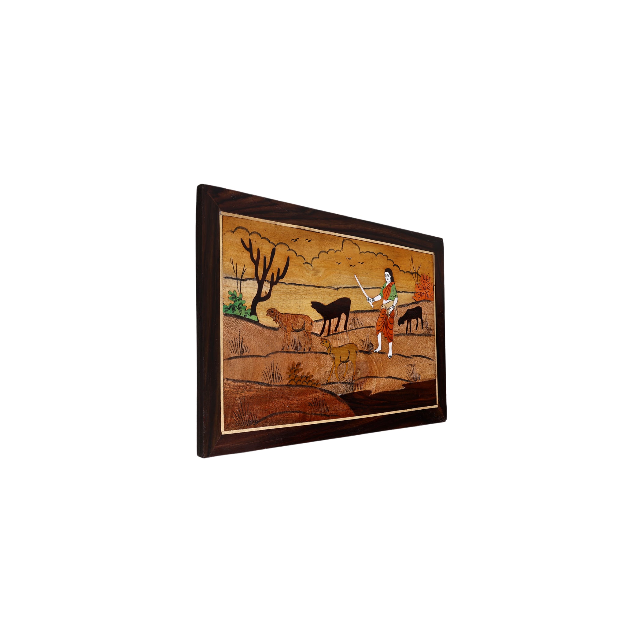 Mysore Inlay Rosewood Painting of a Lady with Goats