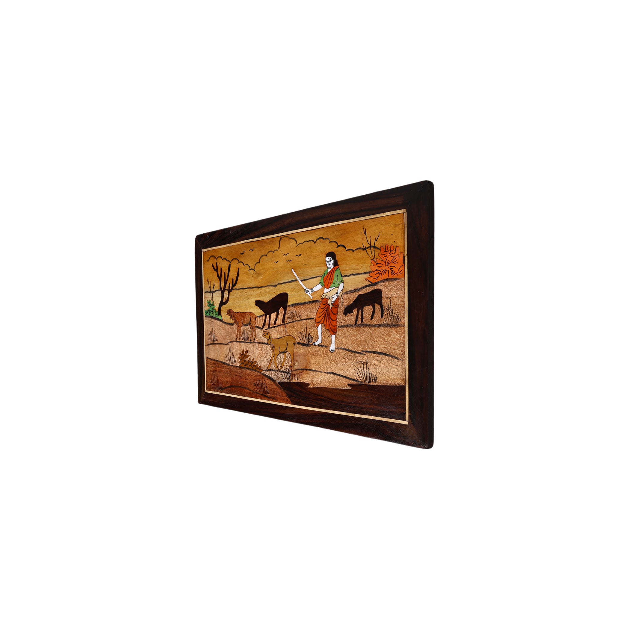 Mysore Inlay Rosewood Painting of a Lady with Goats