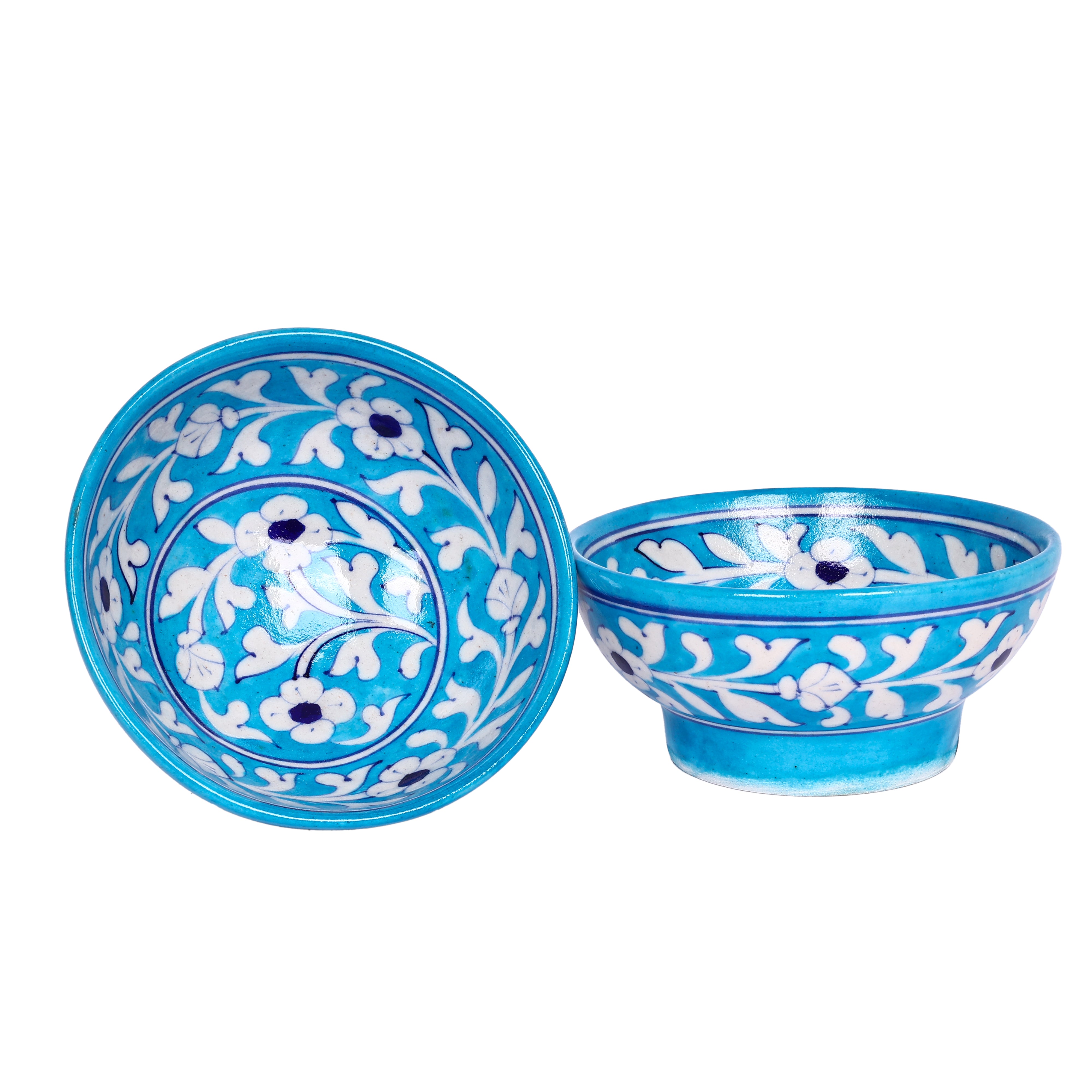 Natriel Blue Pottery Floral Bowls—Set of 2—Cyan Blue