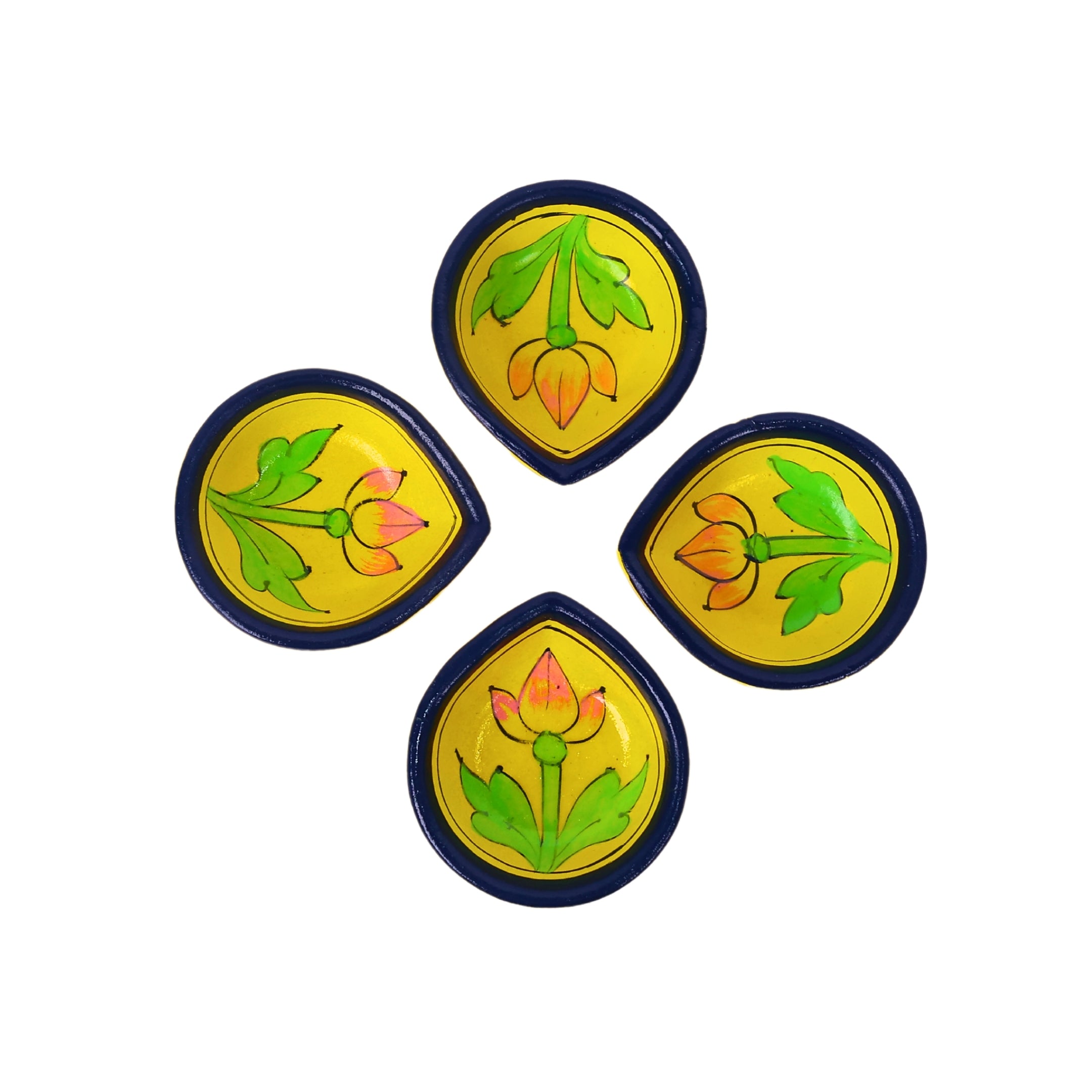 Natriel Hand-Painted Ceramic Diyas - Set of 4 – Yellow and Blue