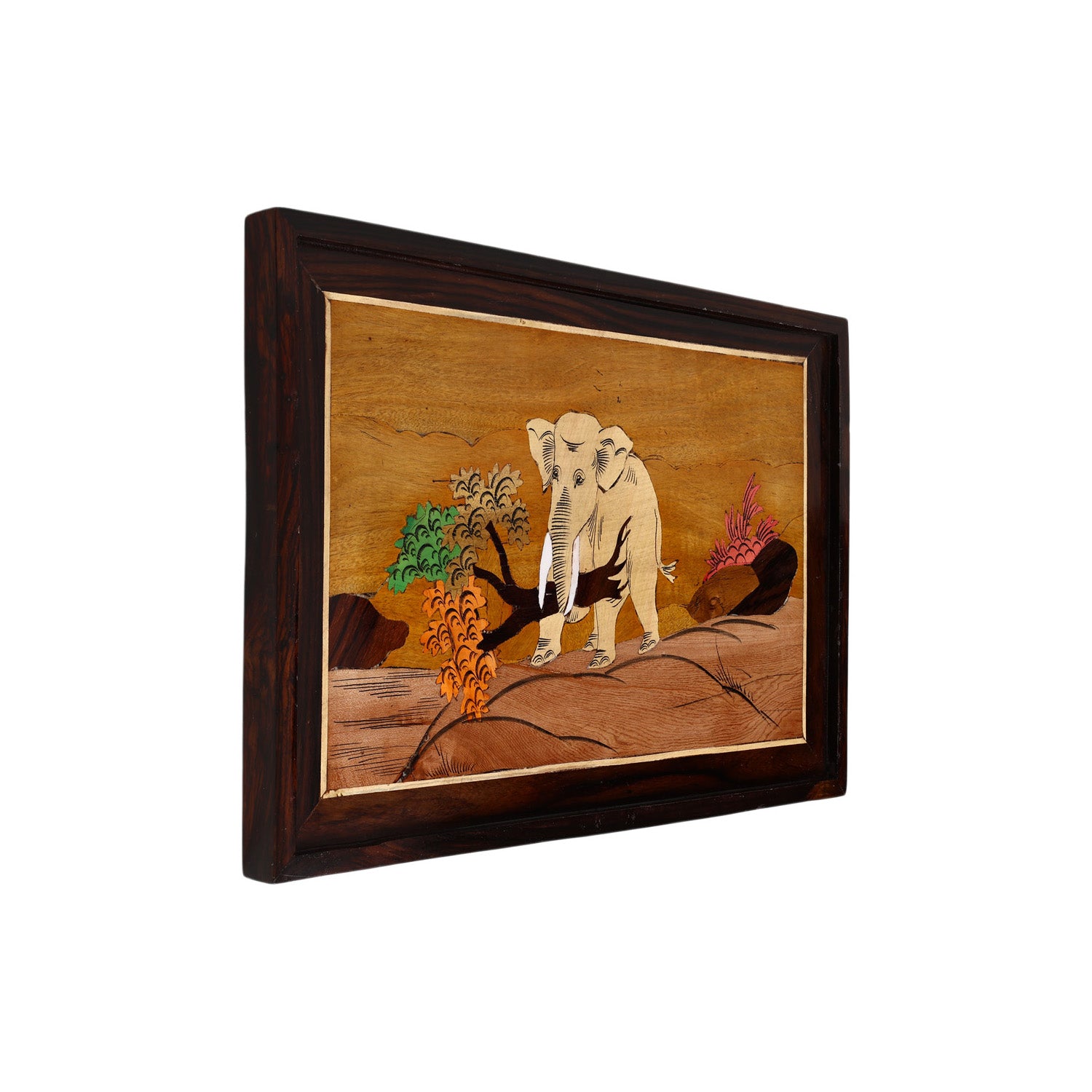 Natriel Mysore Inlay Rosewood Painting of Elephant Carrying a Tree Branch 