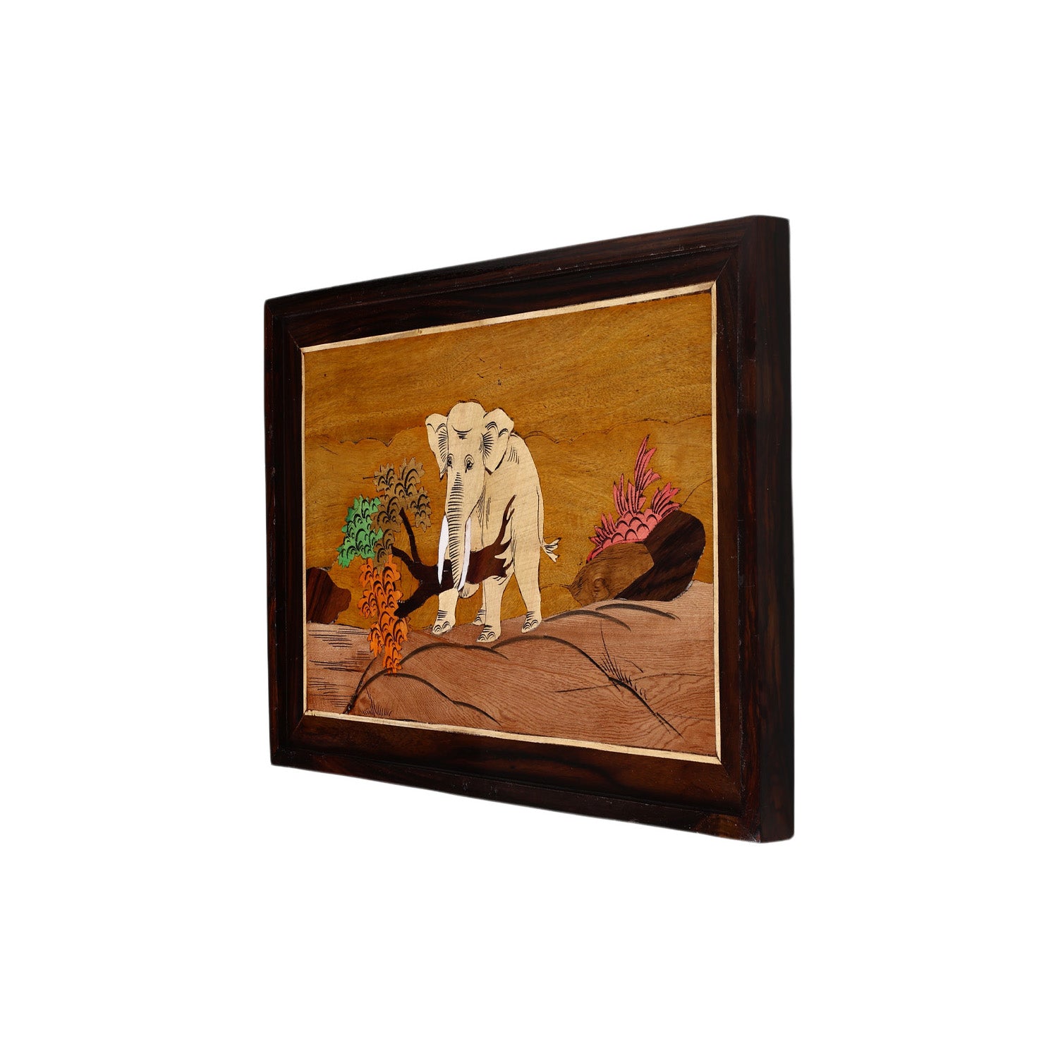 Natriel Mysore Inlay Rosewood Painting of Elephant Carrying a Tree Branch 