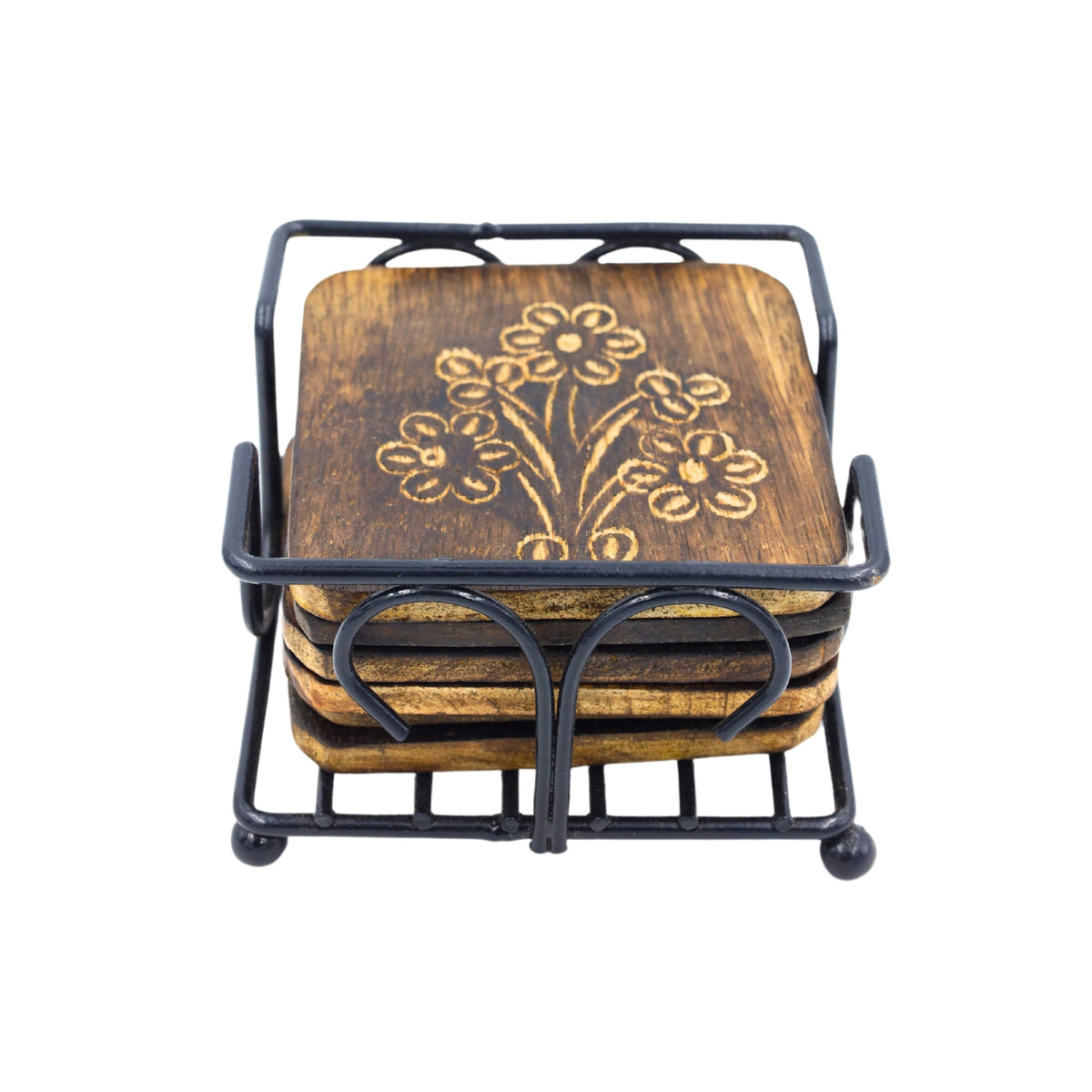 Wooden Floral Coaster Set with Metal Holder – Table Décor Item – Natriel