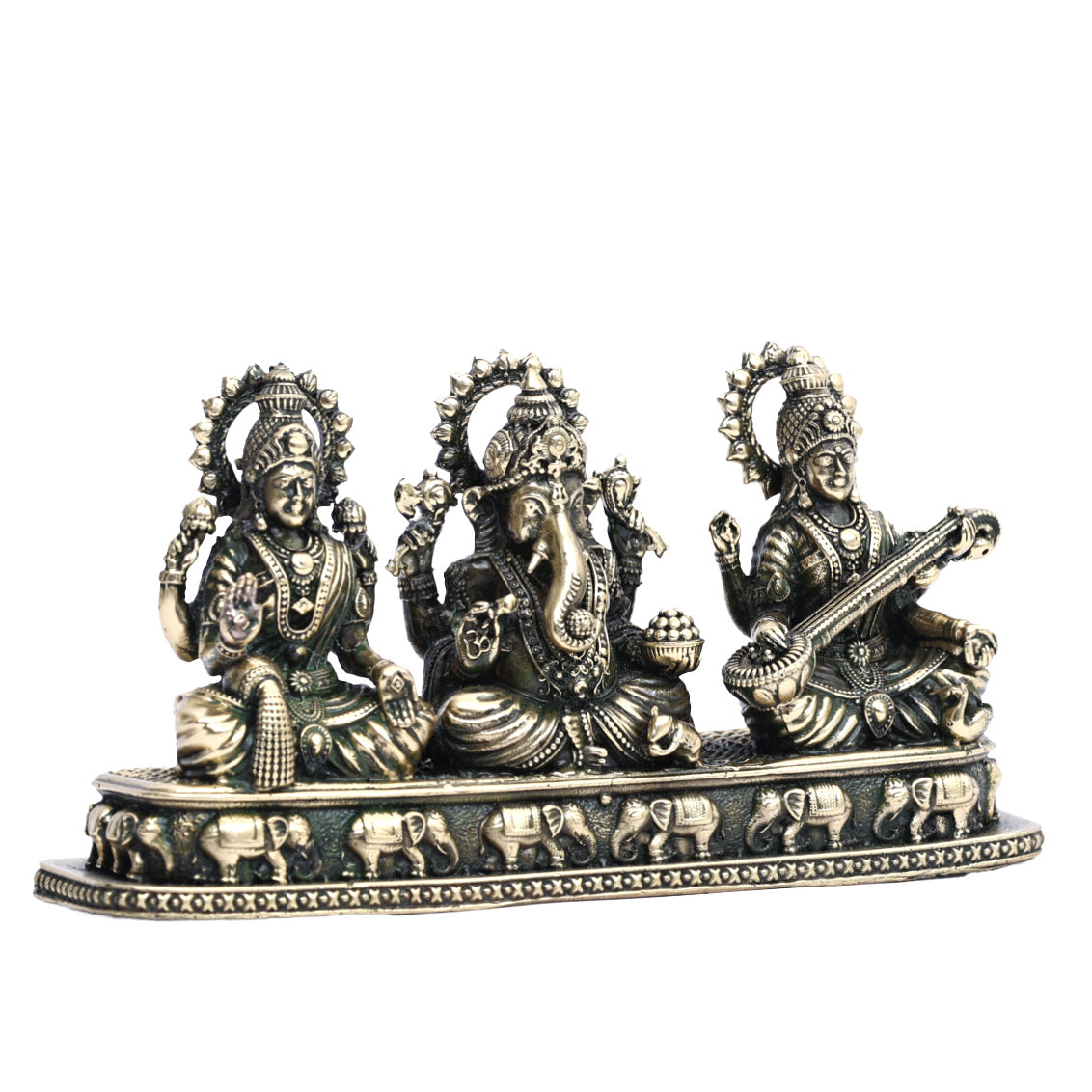 Pure Brass Saraswati, Ganesha and Lakshmi Idol 