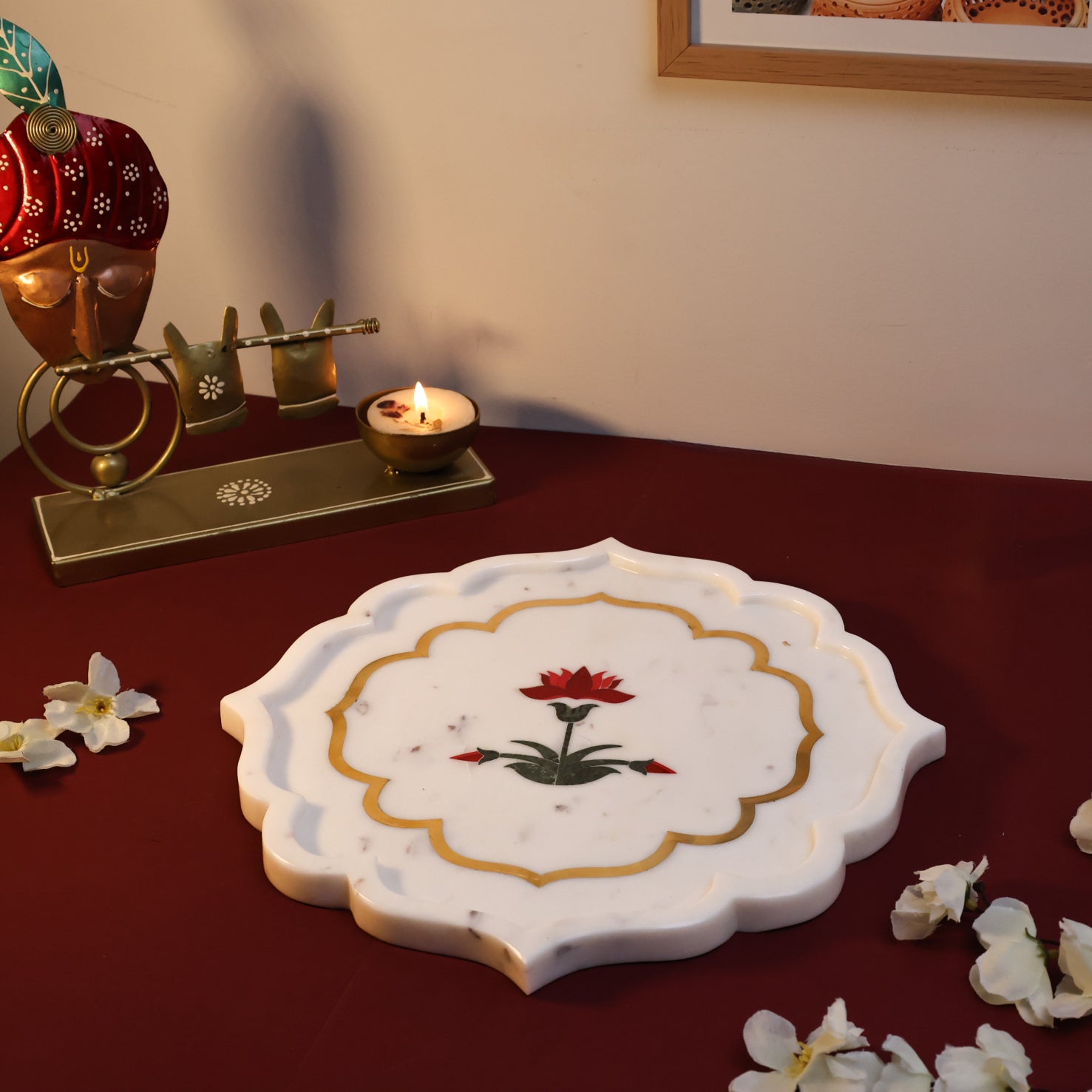 Royal Bloom Lotus Marble Inlay Decorative Plate