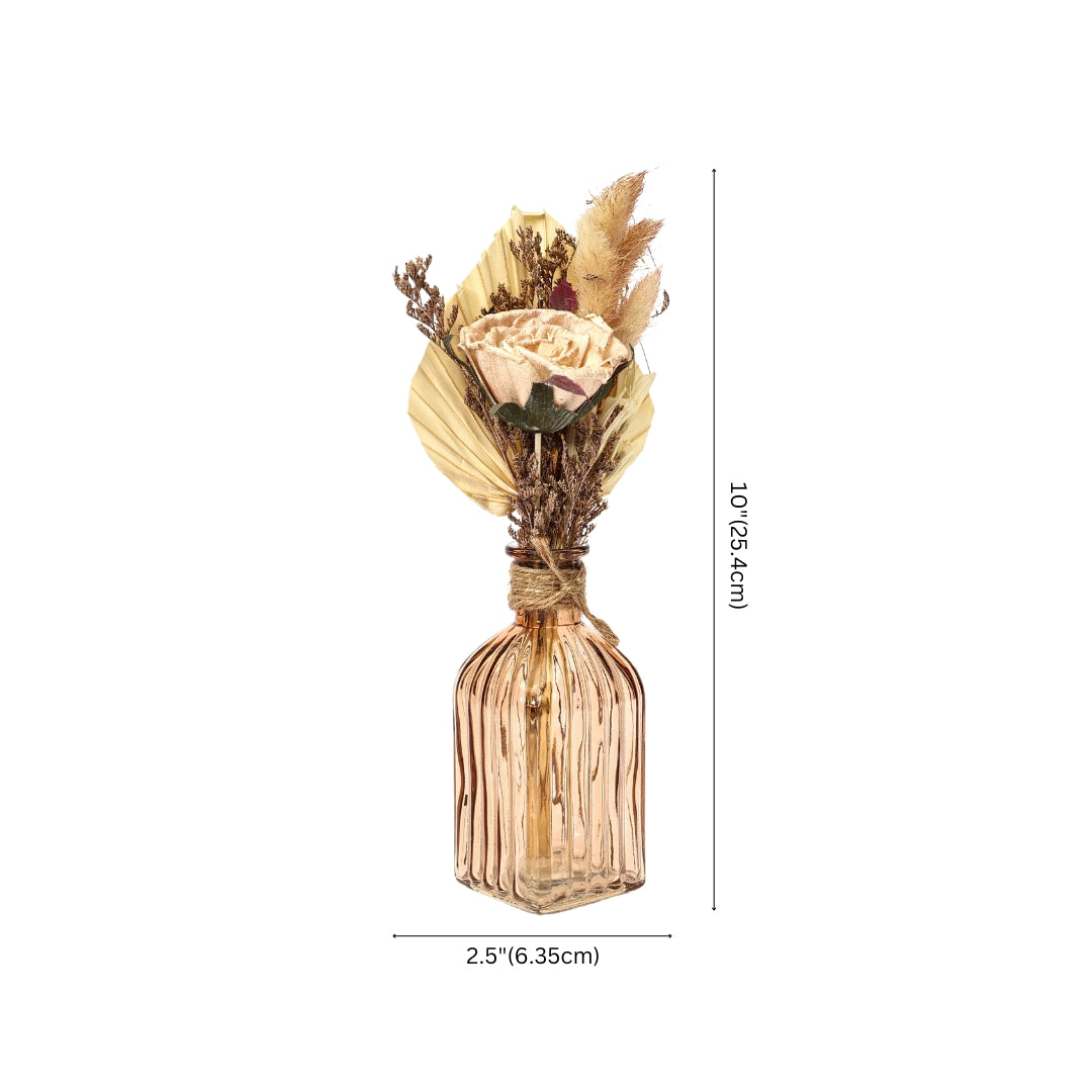 Rustic Dried Flower Bouquet in Amber Glass Bottle – Handcrafted Pampas & Palm Fan Arrangement for Boho Home Decor