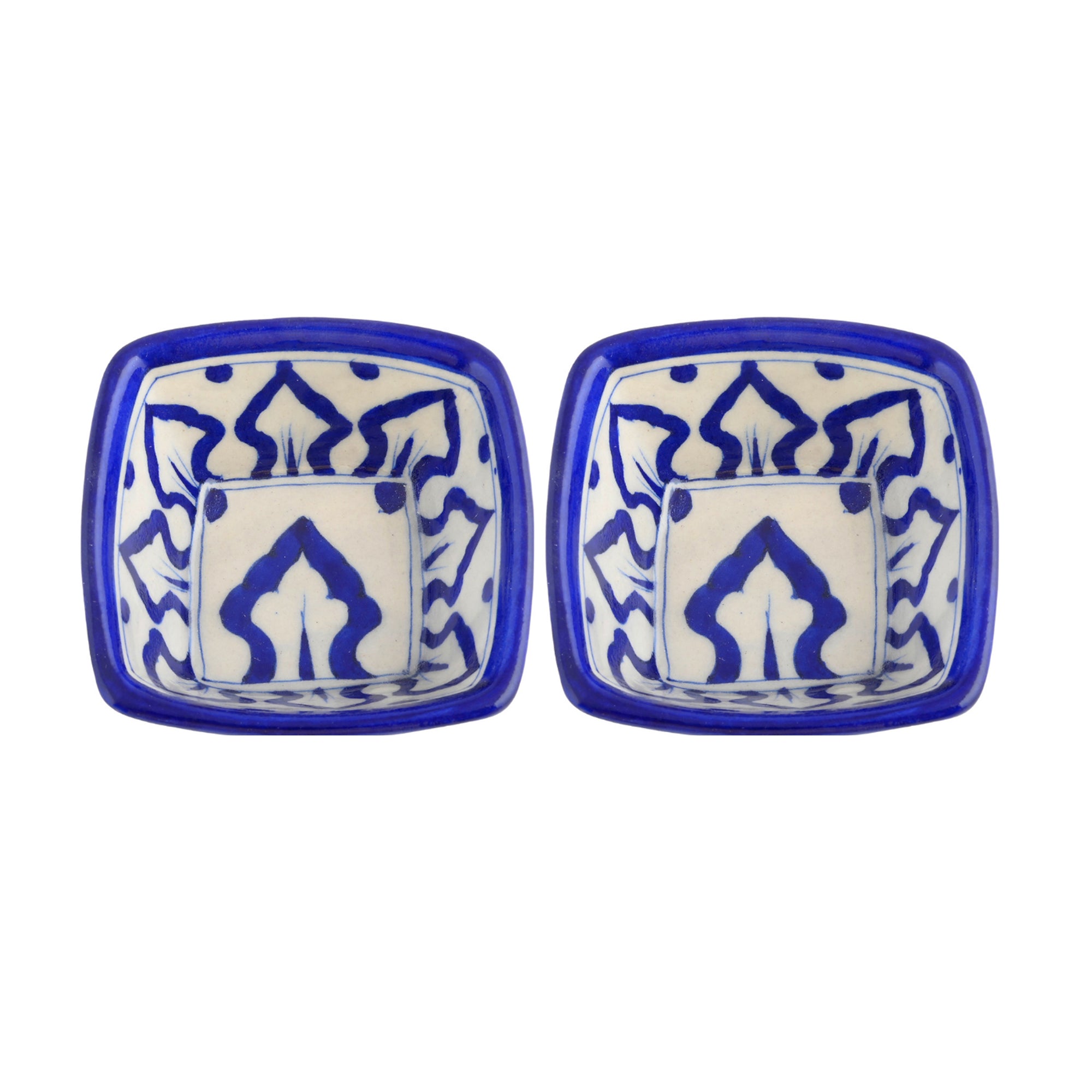 Set of 2 Blue Pottery Bowls Geometric Pattern—Blue—4”