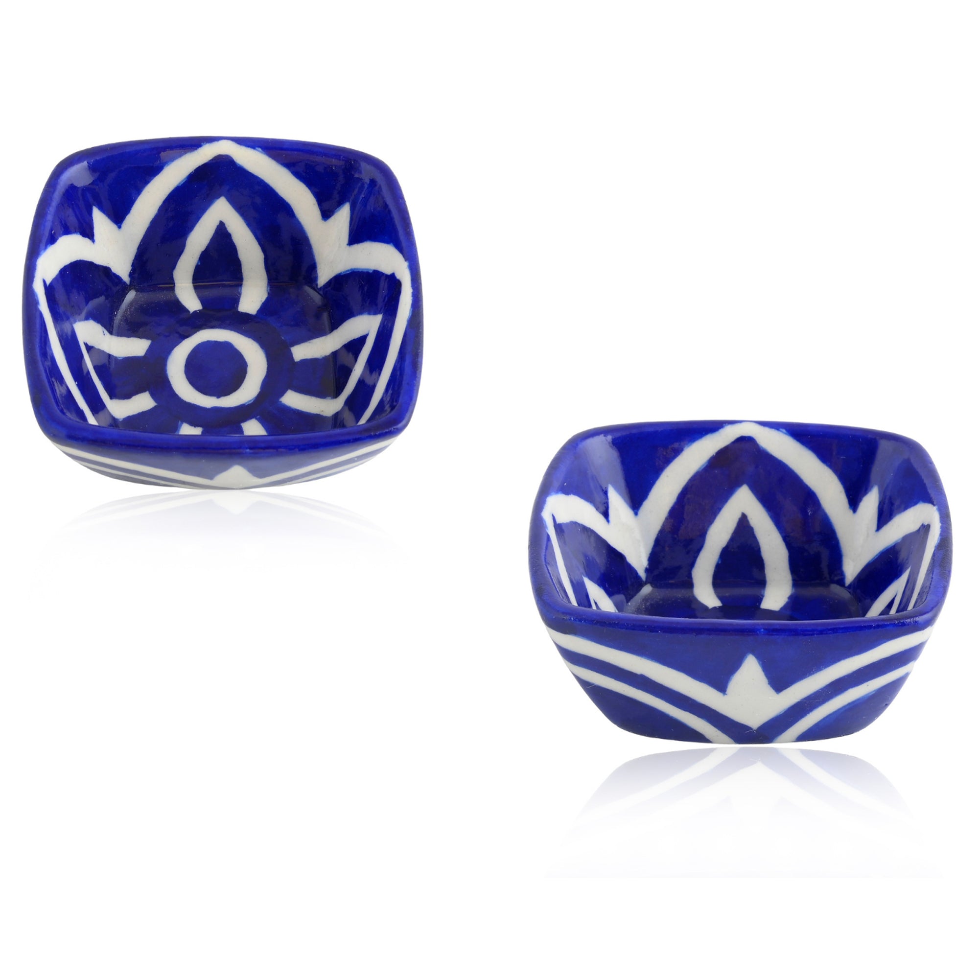 Set of 2 Floral Pattern Blue Pottery Bowls—Blue—4”