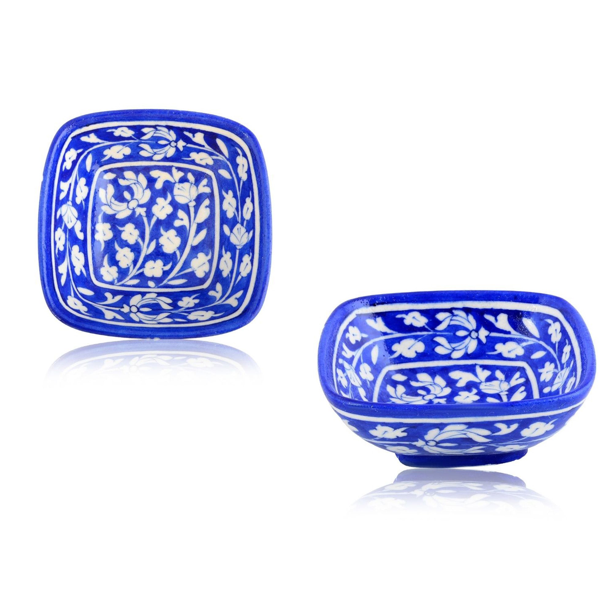Set of 2 Floral Pattern Blue Pottery Bowls—Blue—6”