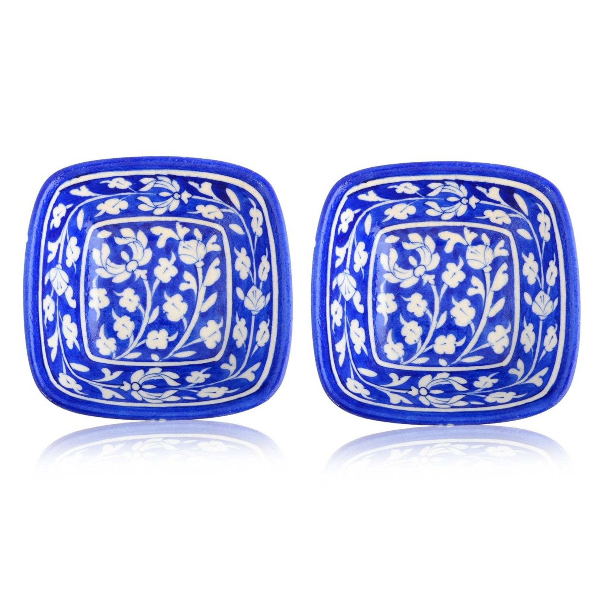 Set of 2 Floral Pattern Blue Pottery Bowls—Blue—6”