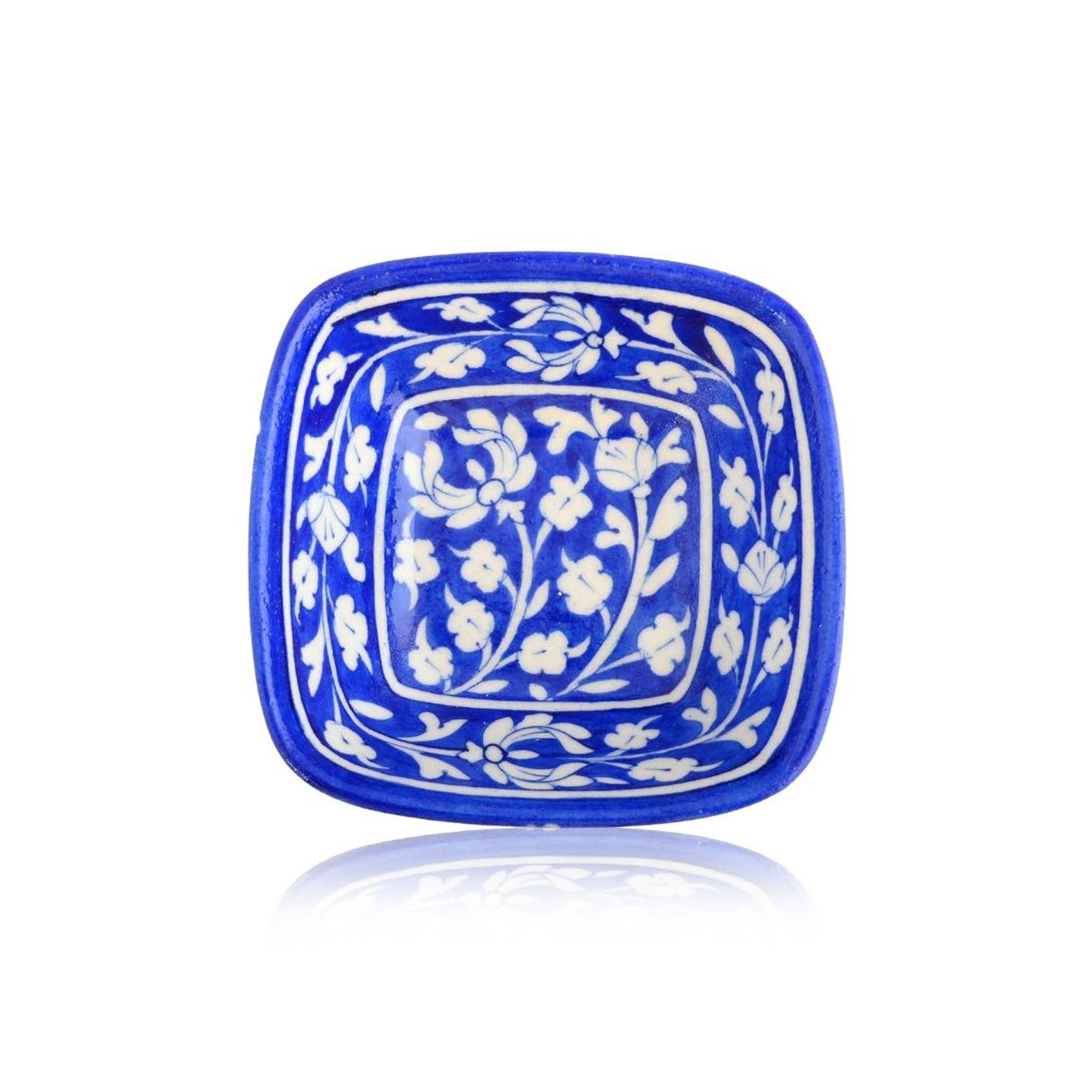 Set of 2 Floral Pattern Blue Pottery Bowls—Blue—6”