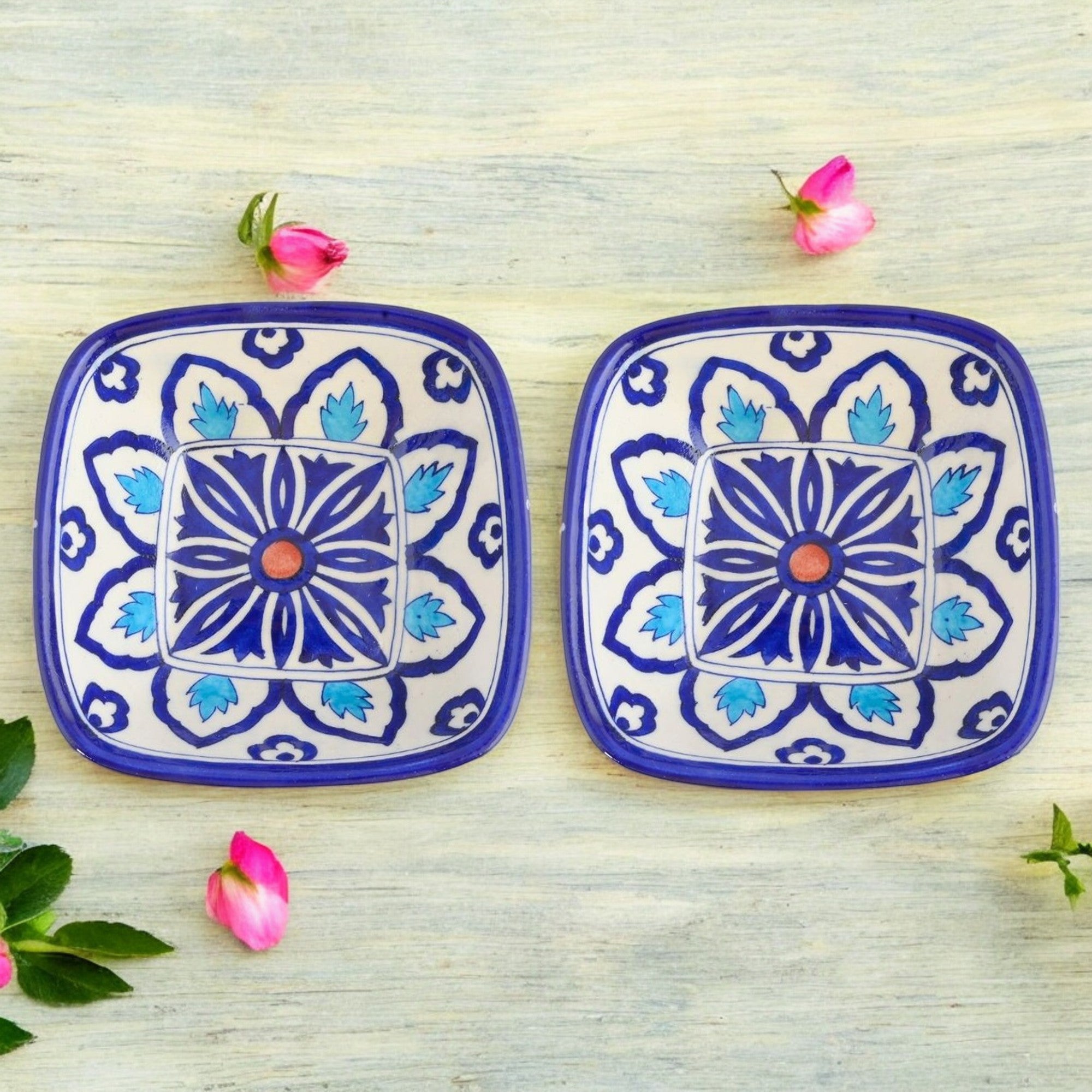 Set of 2 Floral Pattern Blue Pottery Bowls—Blue and White—6”