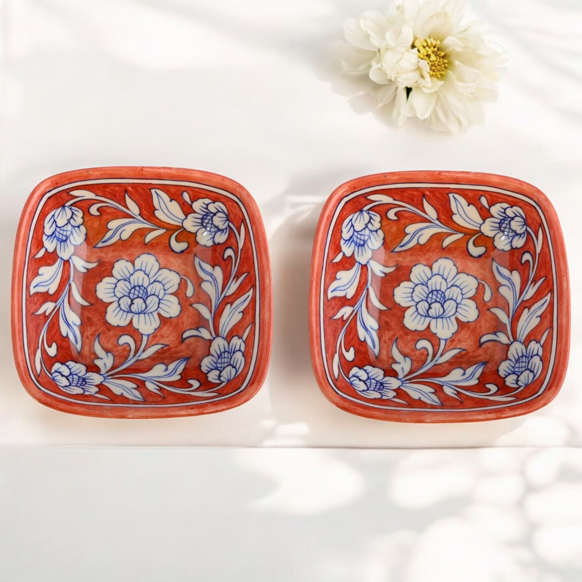 Set of 2 Floral Pattern Blue Pottery Bowls—Maroon—4”